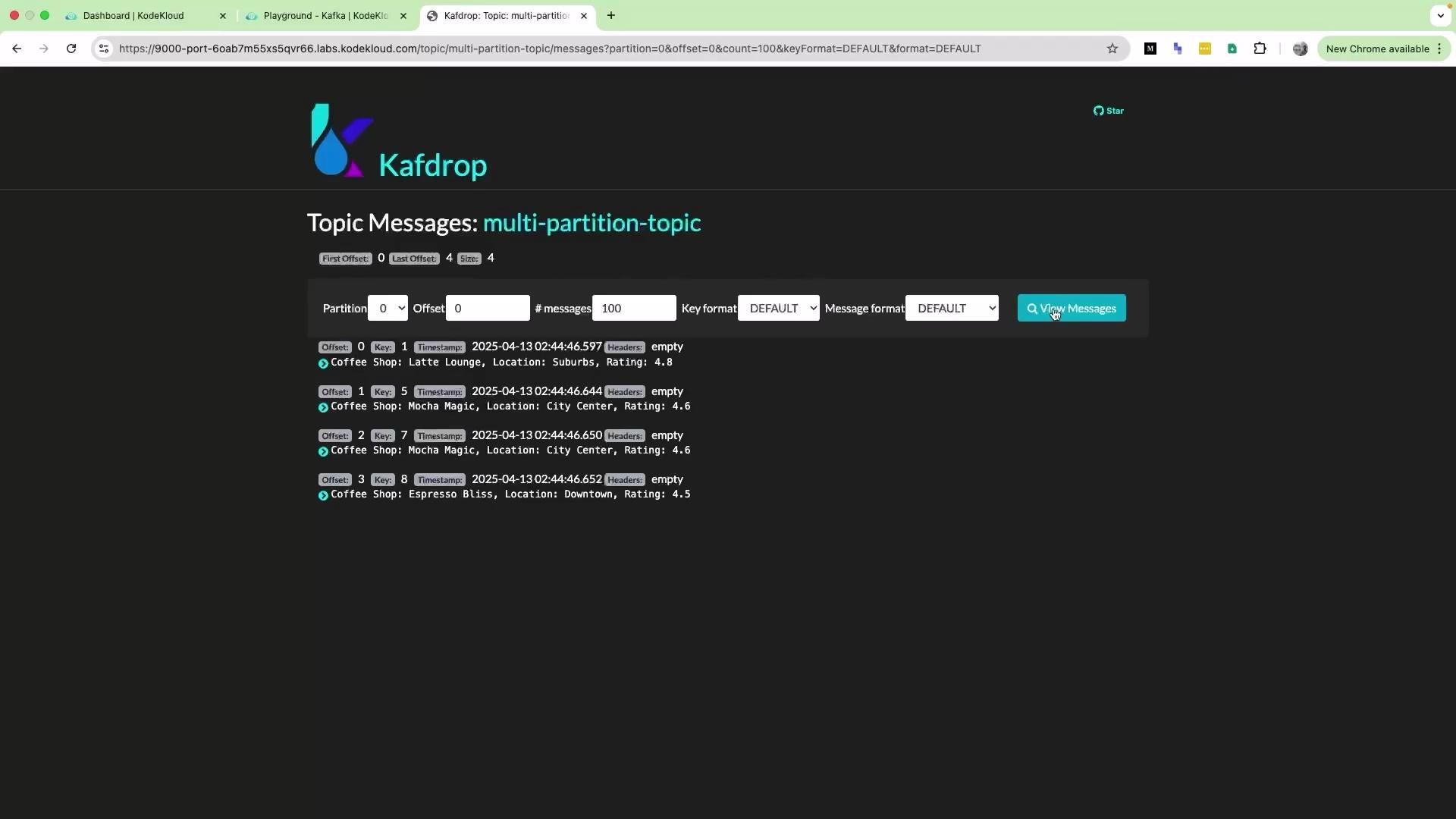 The image shows a Kafdrop interface displaying topic messages from a Kafka topic named "multi-partition-topic," detailing coffee shop information such as name, location, and rating.