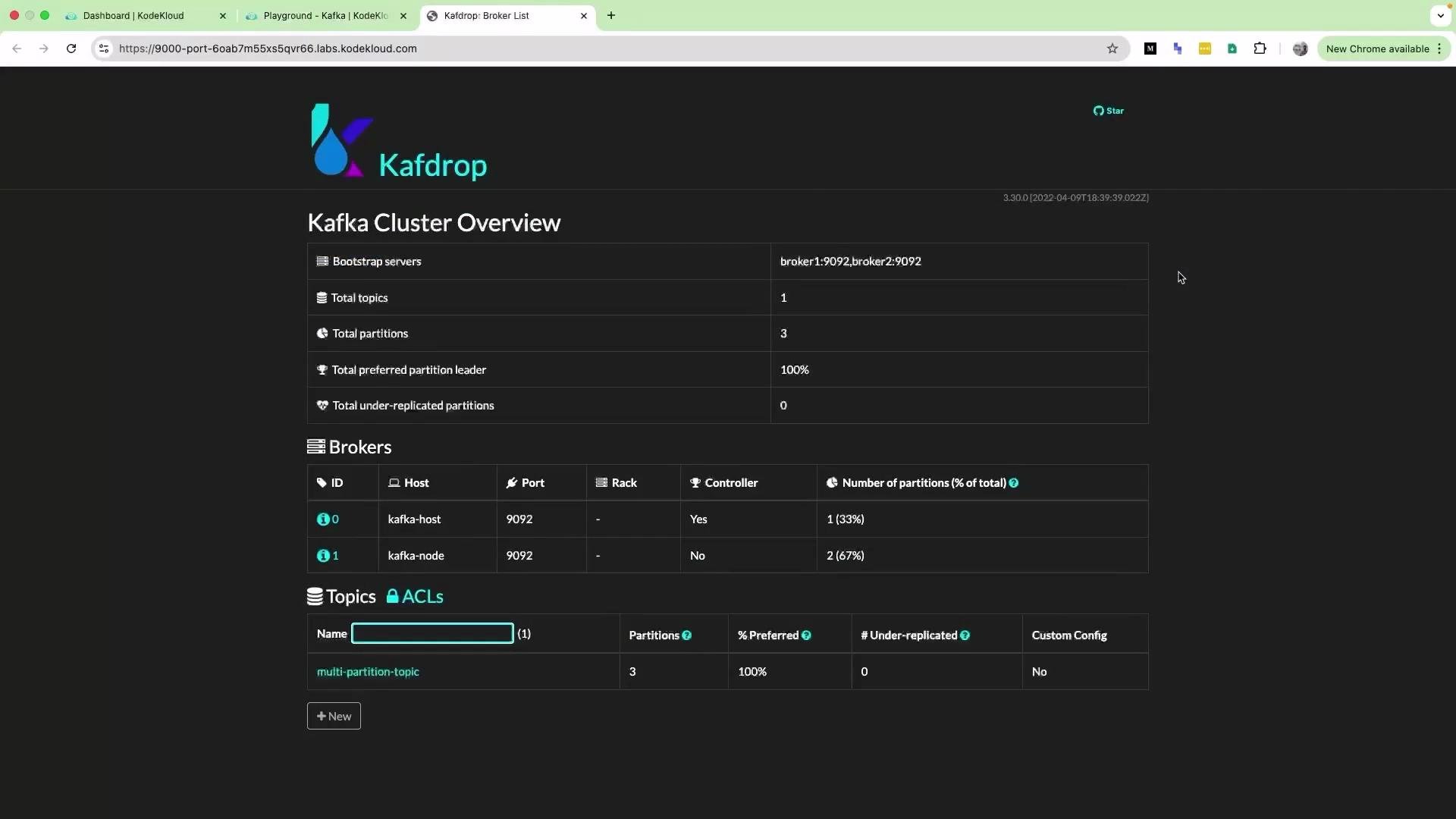 The image shows a Kafdrop web interface displaying a Kafka Cluster Overview, including details about bootstrap servers, topics, partitions, and brokers.