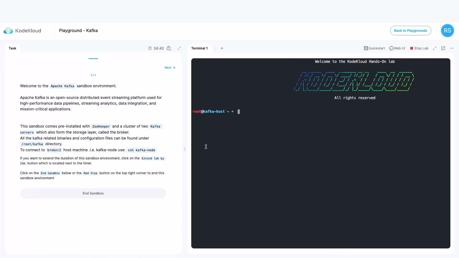 The image shows a KodeKloud Kafka playground with a task description on the left and a terminal interface on the right displaying a KodeKloud ASCII logo.