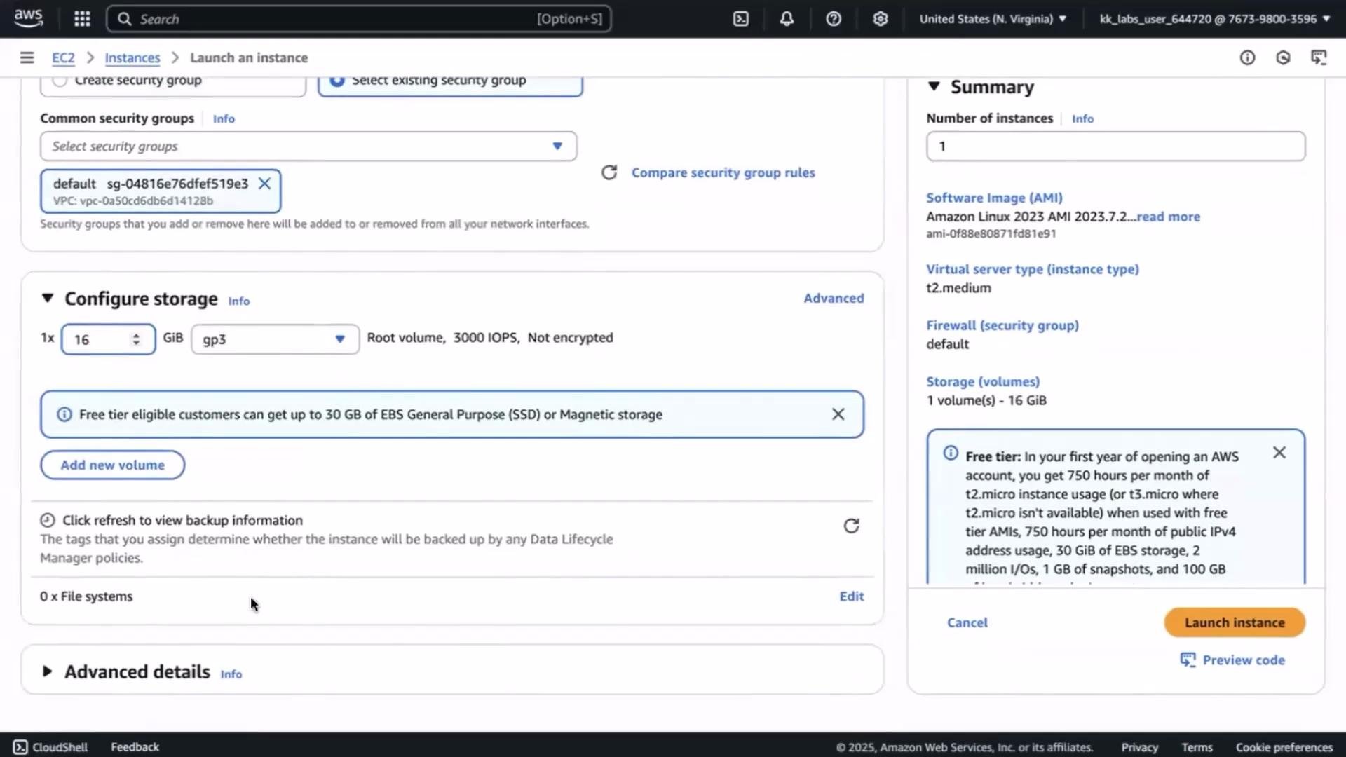 The image shows a screenshot of the AWS EC2 console where an instance is being configured, including storage options and security settings. It provides details about the free tier eligibility and summary of the instance configuration.