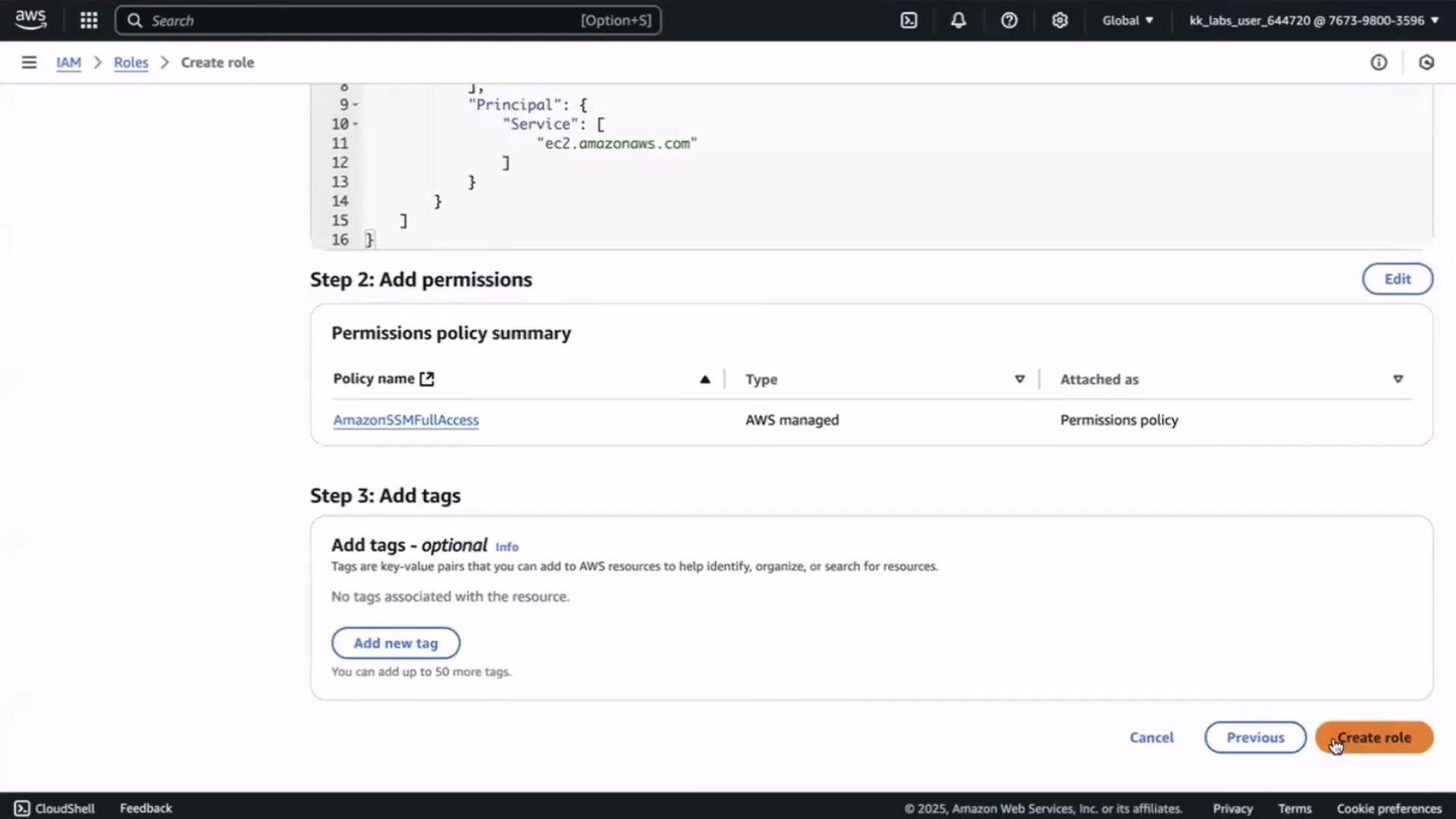 The image shows an AWS IAM management console screen where a role is being created. It highlights steps for adding permissions and tags, with a focus on the "AmazonSSMFullAccess" policy.