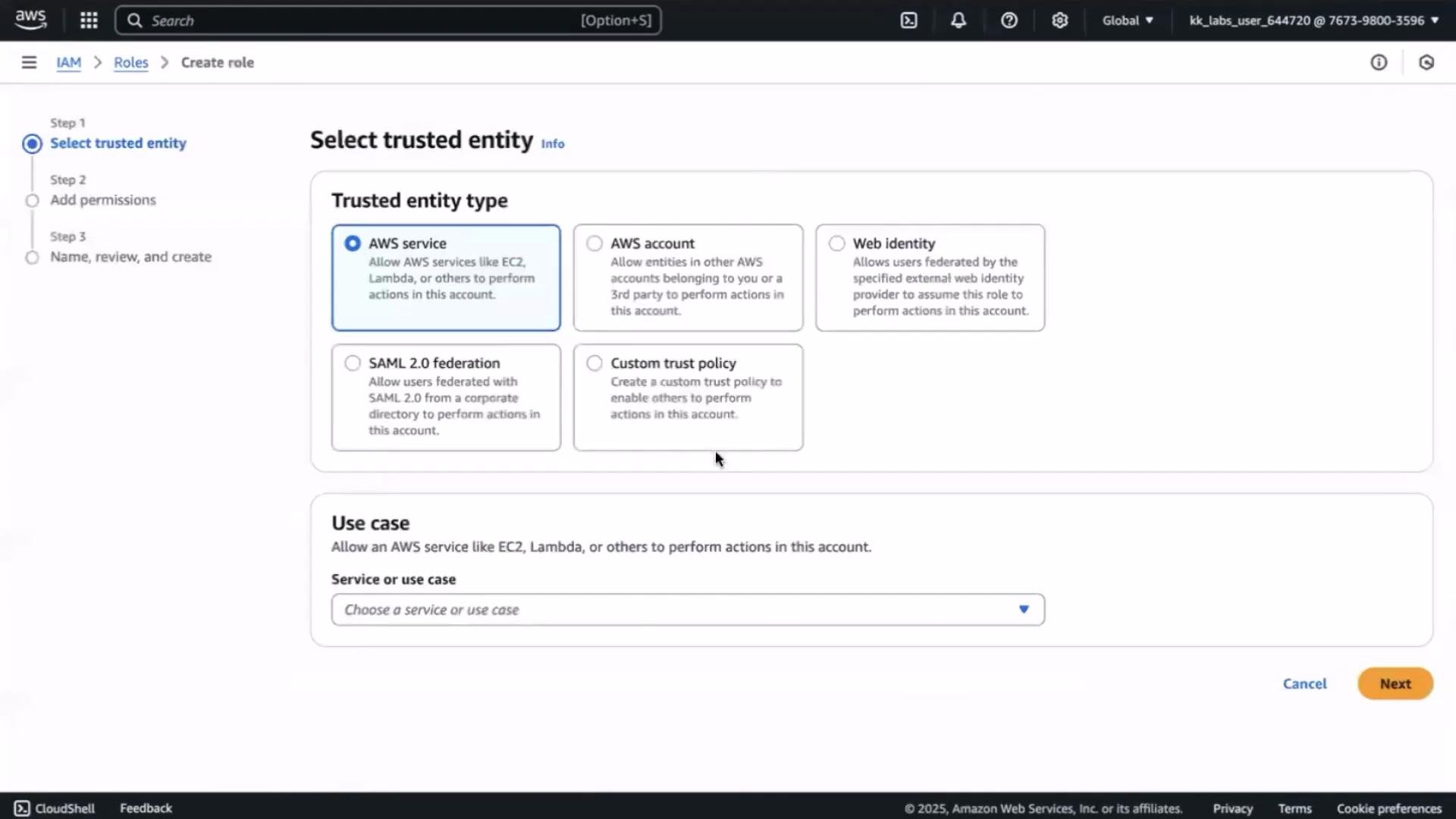 The image shows an AWS IAM interface where a user is selecting a trusted entity type to create a role. Options include AWS service, AWS account, web identity, SAML 2.0 federation, and custom trust policy.