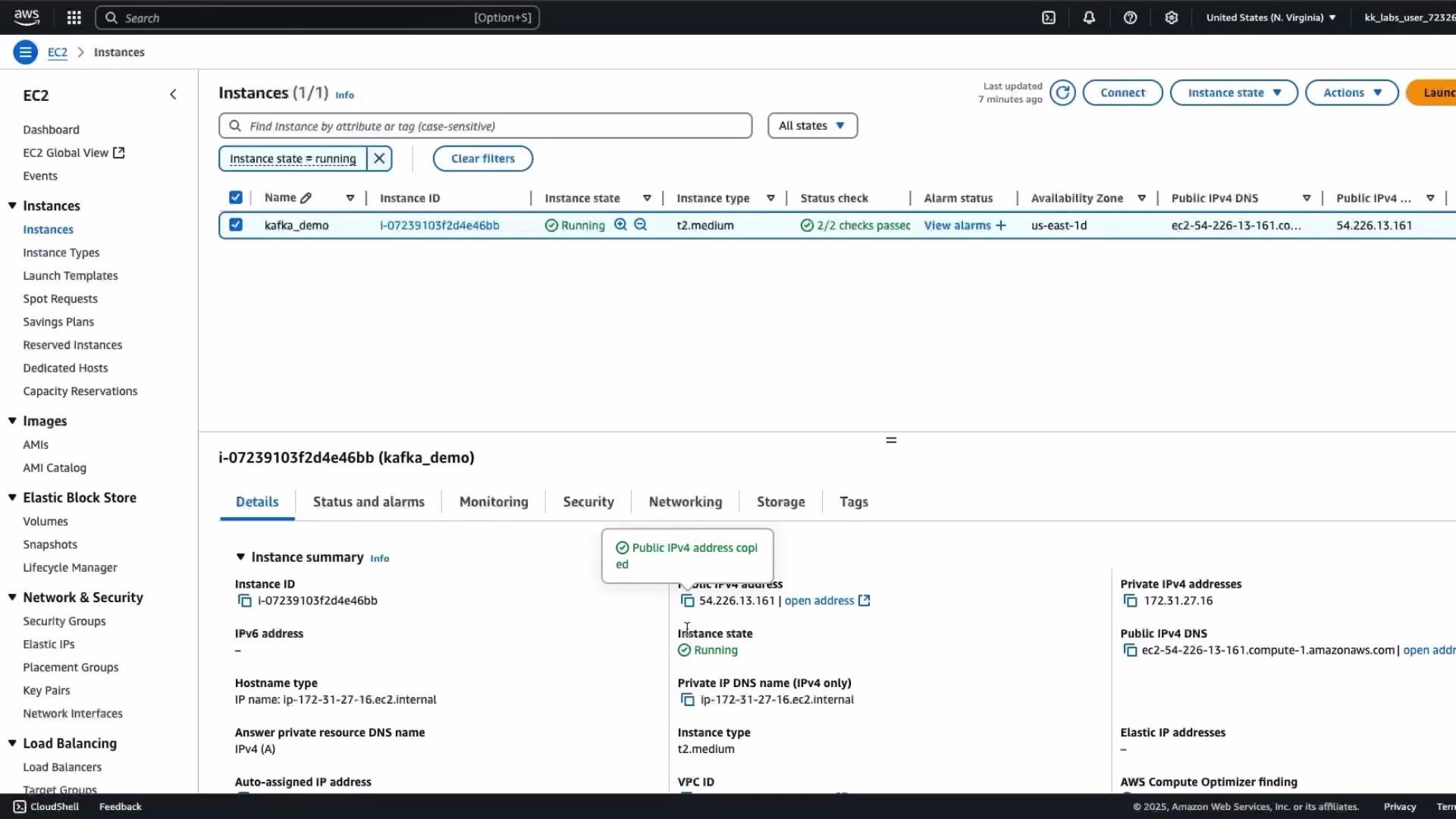 The image shows the AWS EC2 management console with an instance named "kafka_demo" that is currently running. The instance details include its instance ID, type, public IPv4 address, and other network information.