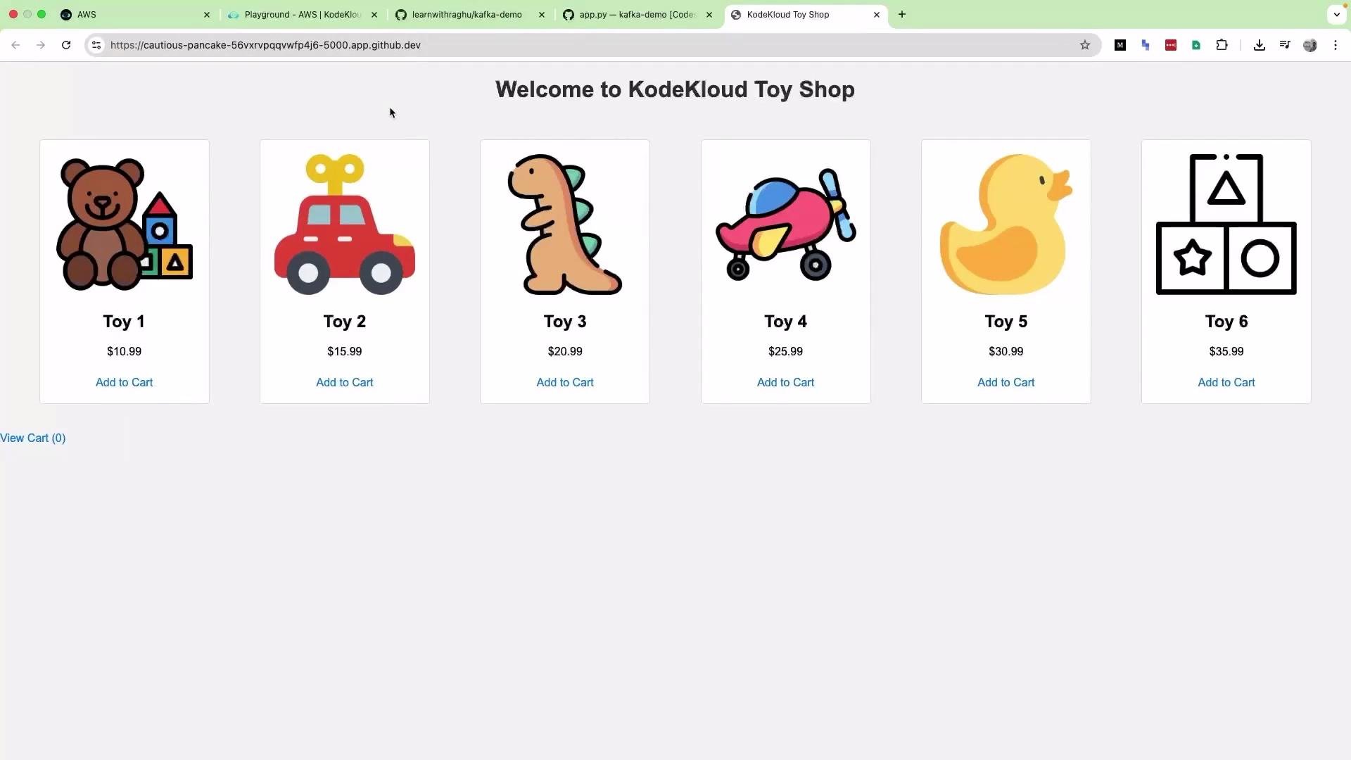 The image shows a webpage for "KodeKloud Toy Shop" displaying six toys with their prices and an option to add them to the cart.