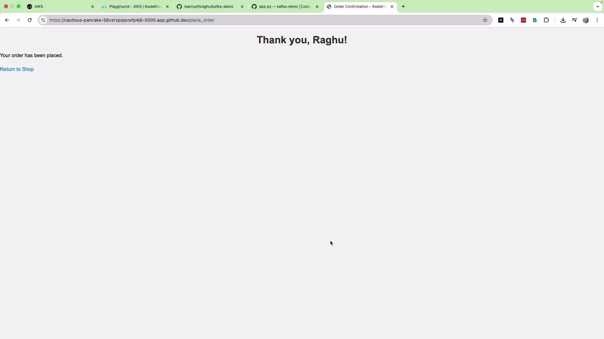 The image shows an order confirmation page thanking a user named Raghu, with a link to return to the shop.
