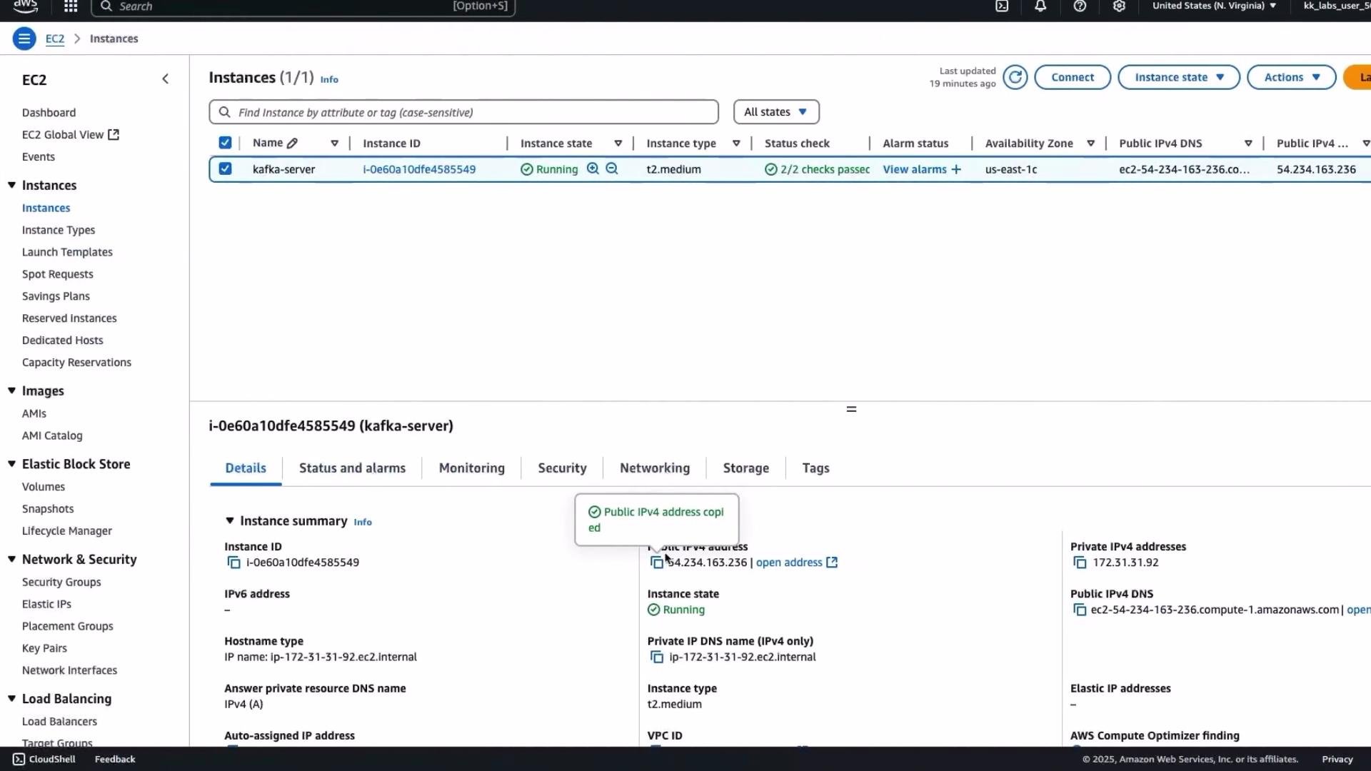 The image shows the AWS EC2 dashboard with a running instance named "kafka-server." Details such as the instance ID, state, type, and public IPV4 address are displayed.