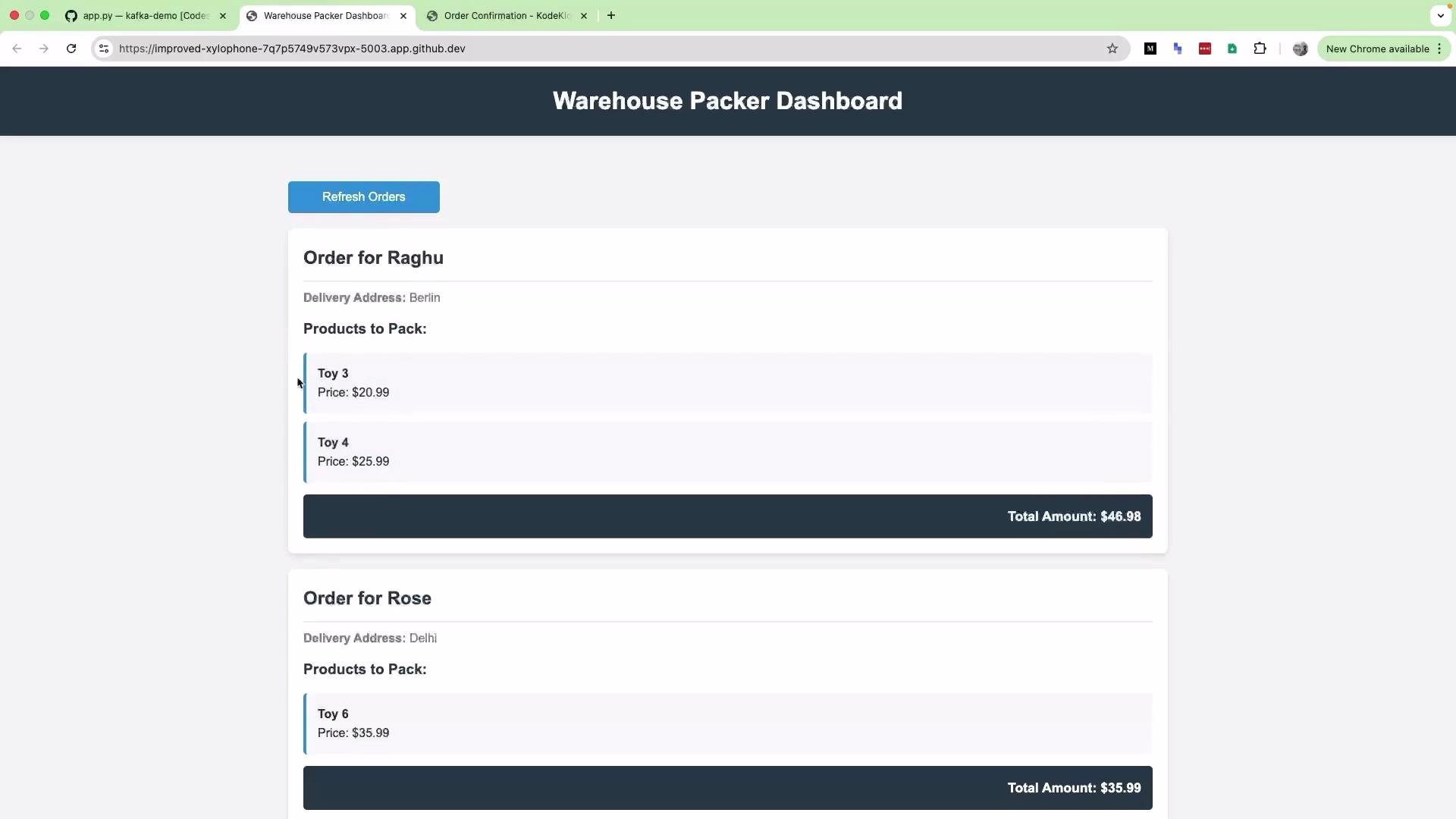 The image shows a "Warehouse Packer Dashboard" displaying orders for packing, including products, prices, and total amounts for two customers.