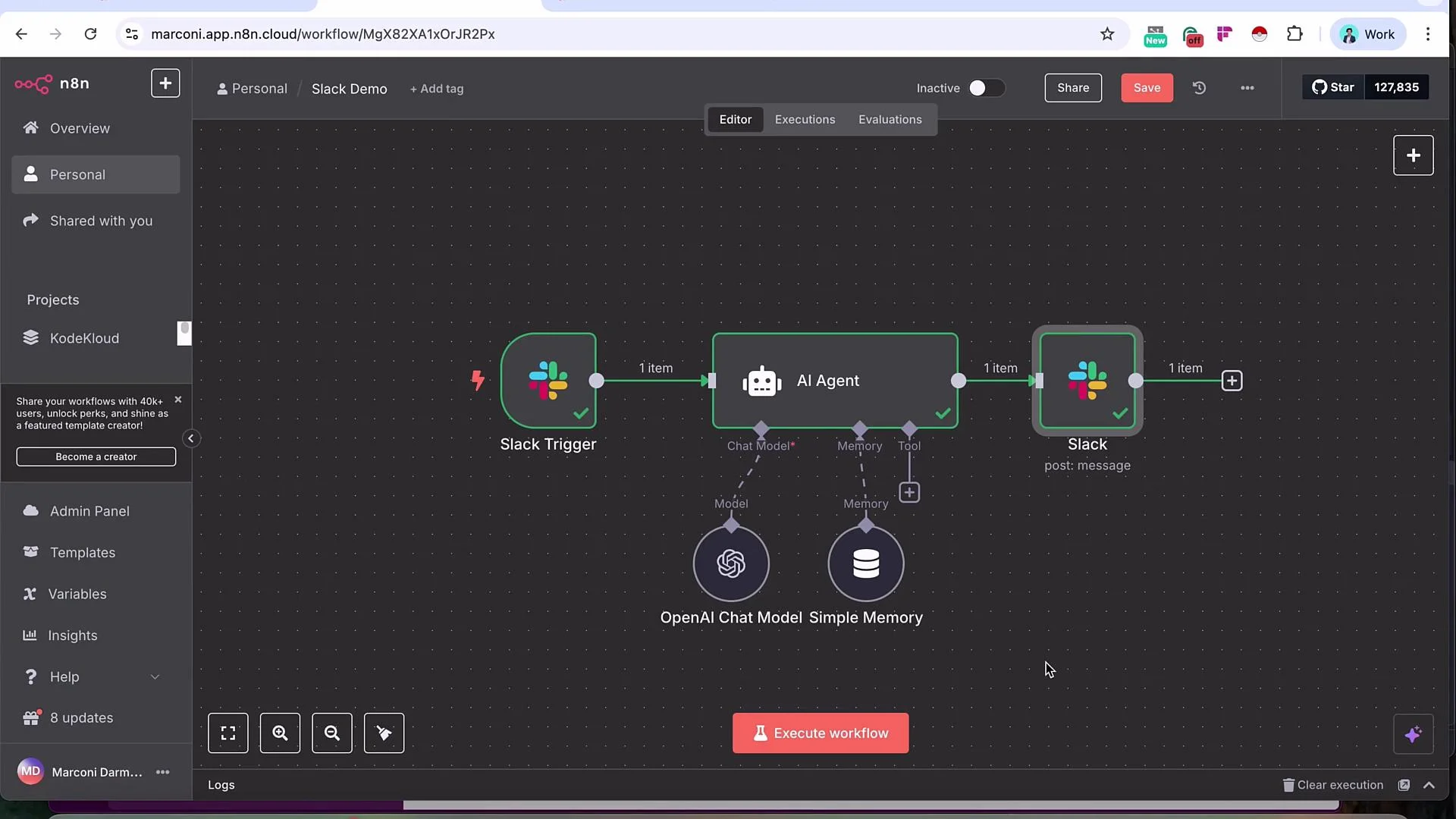 The image shows a workflow in n8n involving a Slack trigger, an AI agent, and Slack post message, integrated with an OpenAI chat model and a memory tool.
