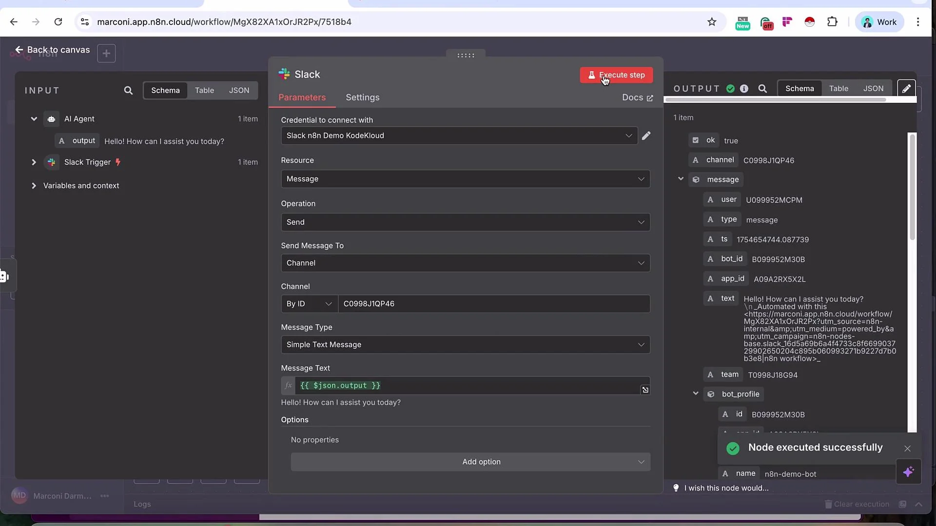 The image shows a workflow interface for n8n, with a Slack integration setup. It displays parameters for sending a message to a Slack channel and the successful execution of a node.