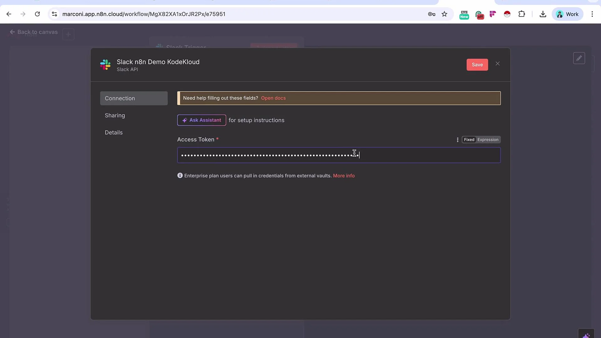 The image shows a configuration screen for setting up a Slack API connection in the n8n workflow automation tool, prompting the user for an access token.