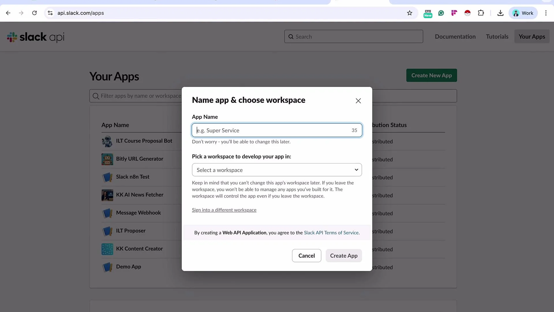 The image shows a Slack API interface with a pop-up window for naming a new app and selecting a workspace for development. The background lists existing app names.