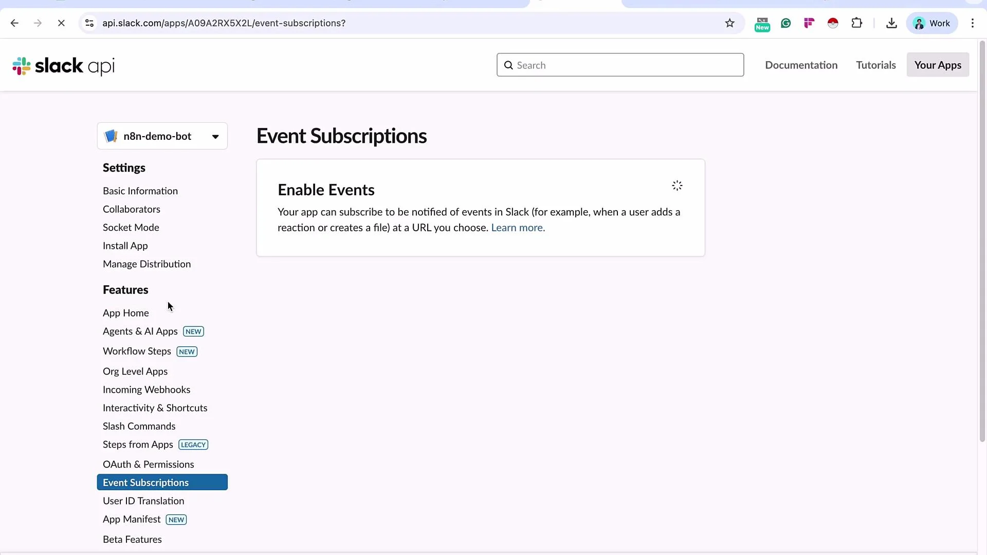 The image shows a Slack API page for setting up event subscriptions, with options to enable events and various settings and features listed on the left sidebar.