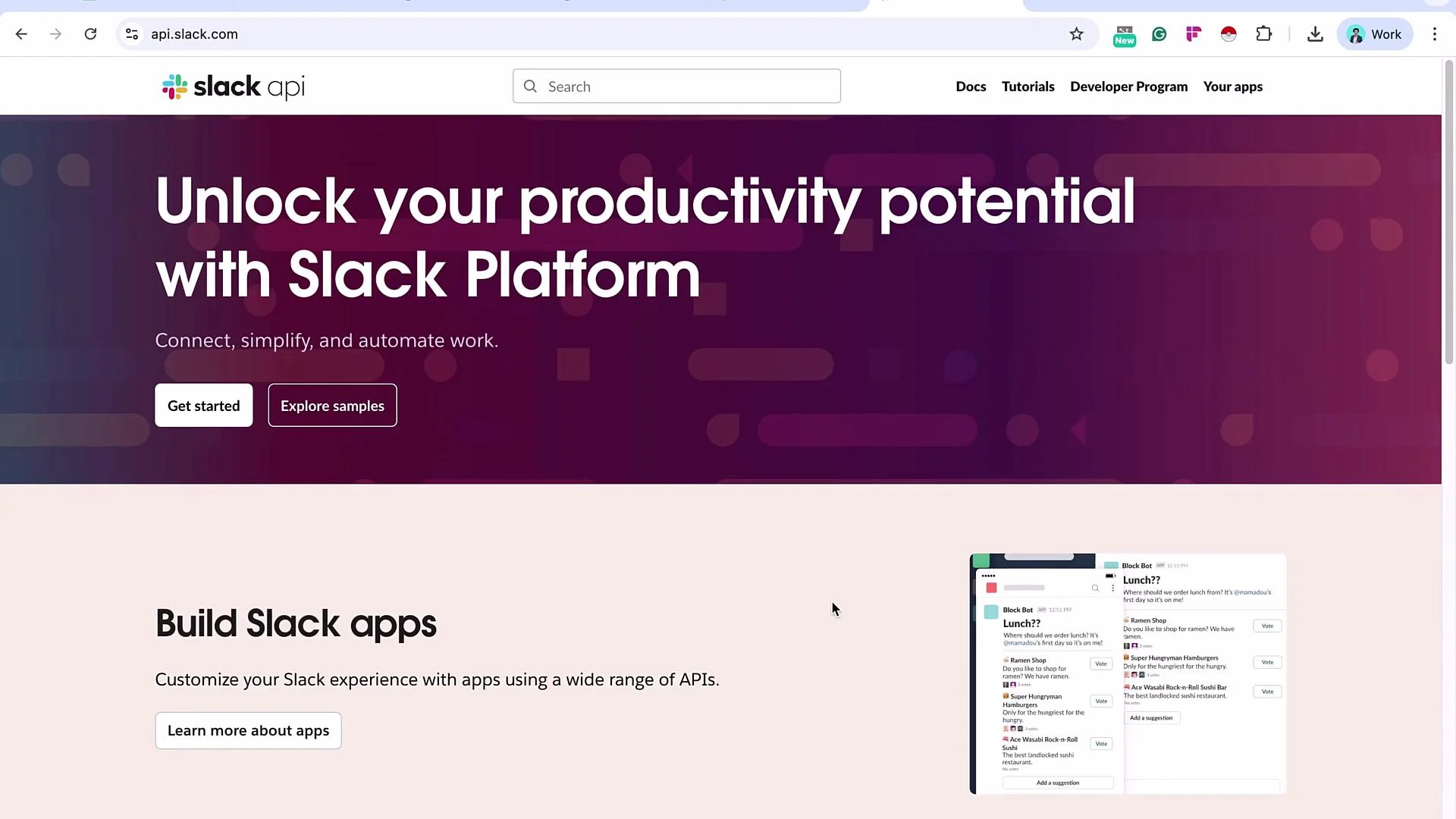 This image shows the Slack API webpage, highlighting productivity features and options to get started or explore samples for building Slack apps.