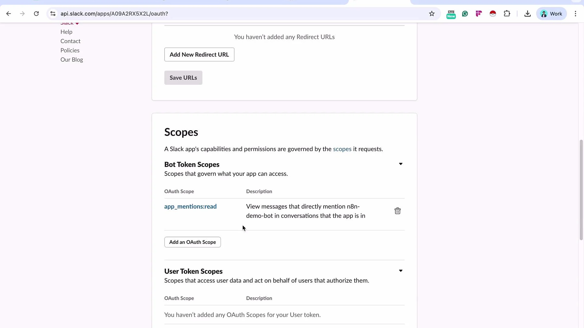 The image shows a Slack app's OAuth settings page, including bot token scopes with "app_mentions:read" to view direct mentions in conversations. There is an option to add a new OAuth scope.