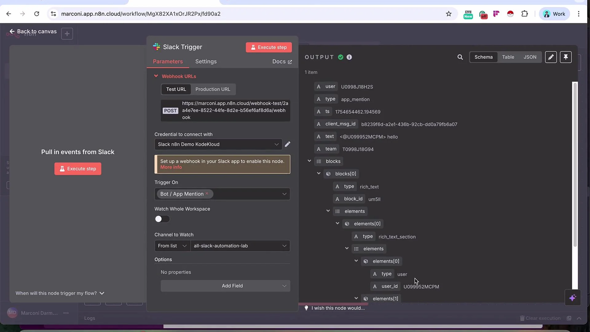 The image shows a configuration interface for a Slack trigger within a workflow application, displaying webhook URLs and settings for connecting with a Slack workspace. There is also an output log detailing an app mention event with user and message information.