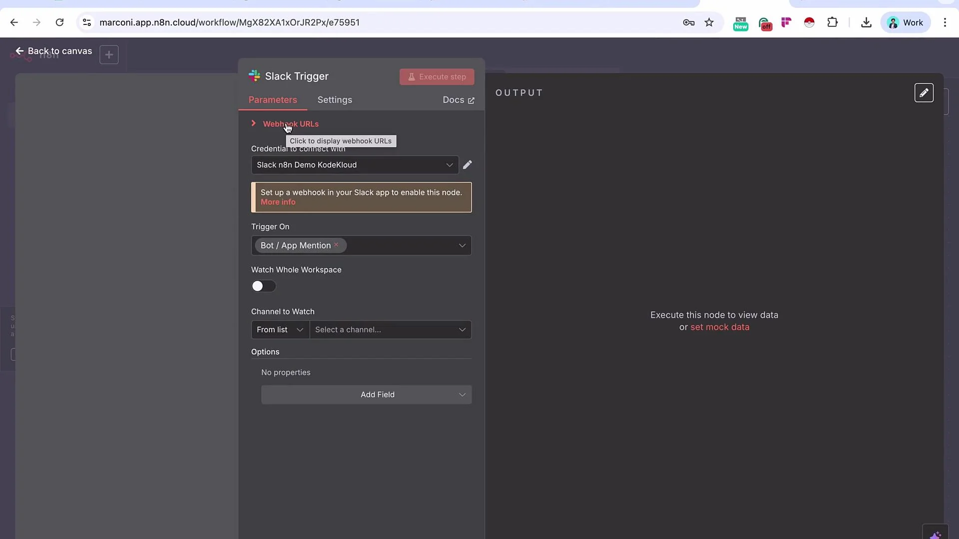 The image shows a user interface for setting up a Slack Trigger in an automation tool, with options to configure webhook URLs and other parameters like triggering on bot/app mentions. The "Execute step" button is visible at the top right.