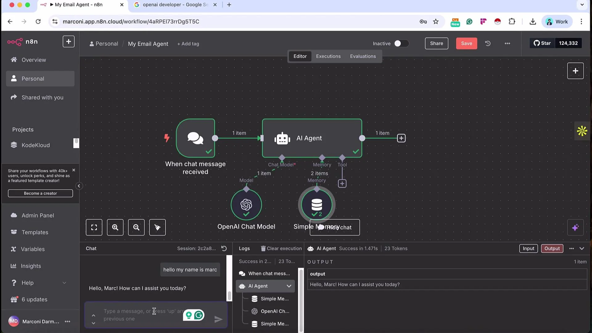 The image shows a workflow diagram in an automation tool, featuring a chat message trigger linked to an AI agent, utilizing OpenAI's chat model and a memory component. It includes an interface displaying chat input and the AI agent's response output.