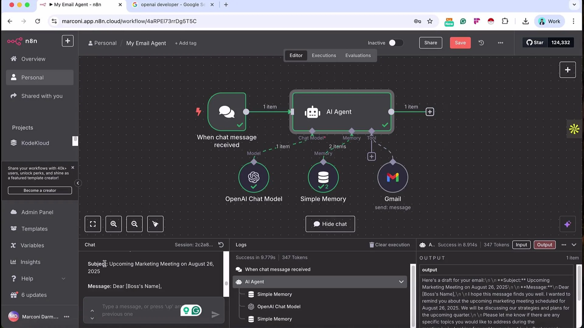 The image shows a workflow setup in the n8n automation platform, illustrating a process involving chat message reception, AI agent processing, and integration with OpenAI and Gmail services. The interface includes a visual representation of steps and connections, indicating tasks like drafting an email for a marketing meeting.