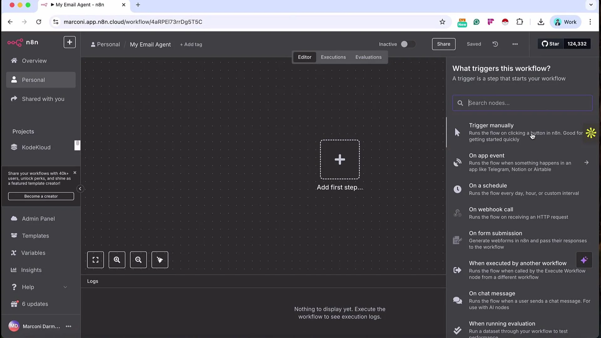 The image shows a screenshot of the n8n workflow automation platform. There's a central area labeled "My Email Agent" with options for adding workflow steps and triggers on the right panel.