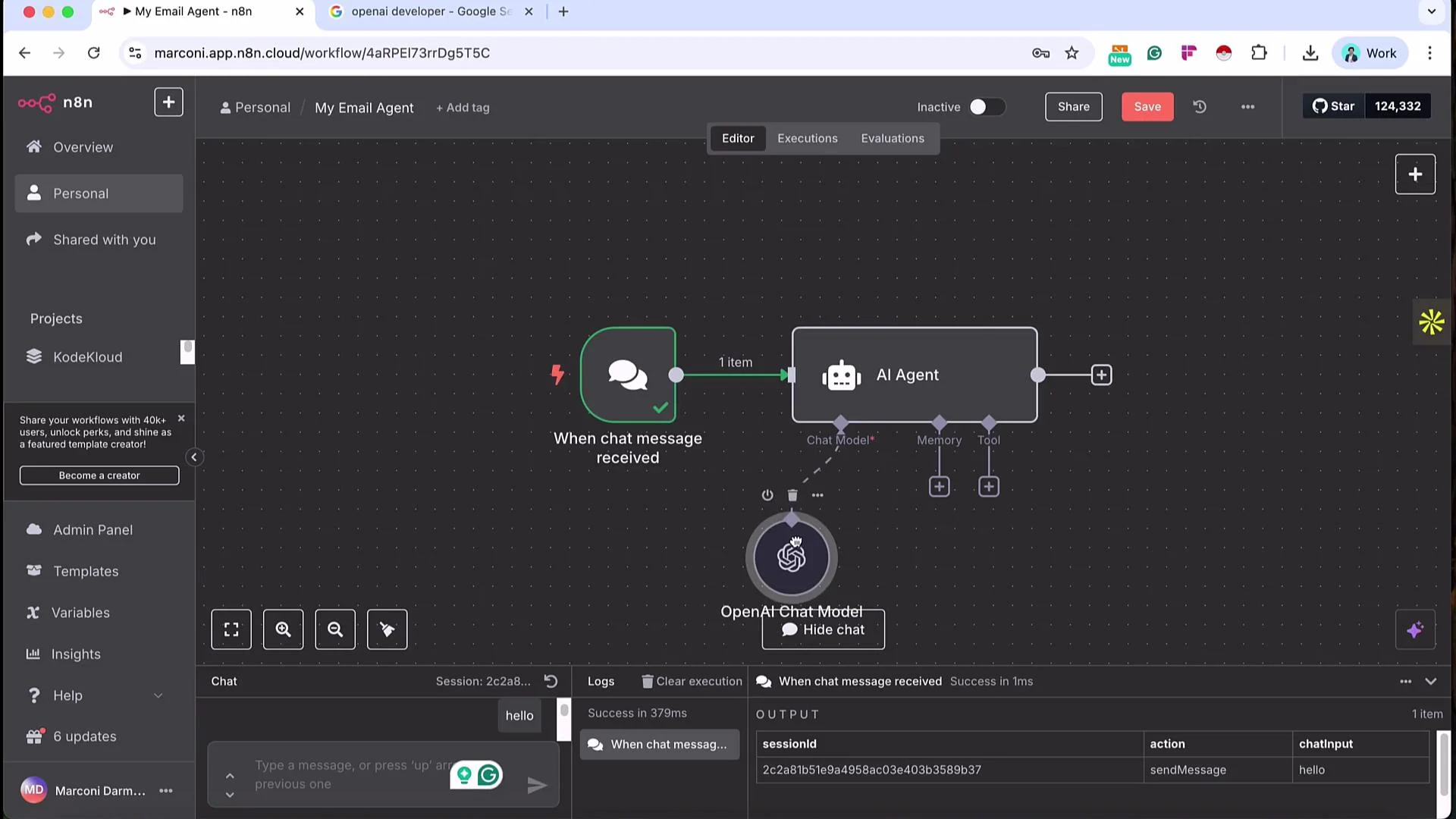 The image shows a workflow interface from n8n, featuring nodes for chat message receipt and interaction with an AI agent. The workspace displays how the nodes connect and process a chat input message.