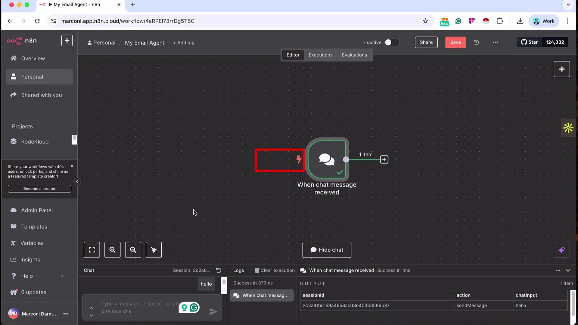 The image shows a screenshot of a workflow editor in n8n, displaying a simple automation with a trigger node for when a chat message is received. The interface includes options for editing and managing workflows.