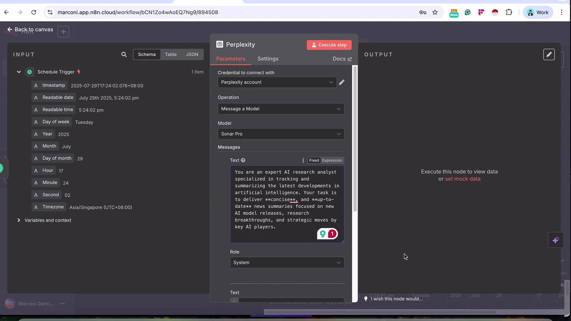 The image shows a screenshot of a workflow setup in a tool called Marconi, with a schedule trigger set for July 29, 2025, and a parameter section for sending a message to a model called Sonar Pro.