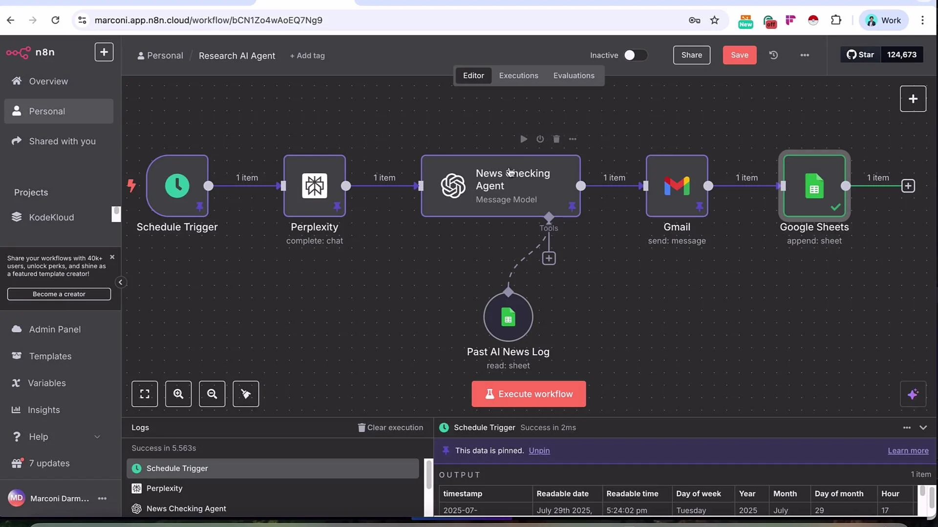 The image depicts a workflow in the n8n automation platform, showing a series of nodes connected to automate tasks such as scheduling, using Perplexity, a news-checking agent, sending Gmail messages, and appending data to Google Sheets.