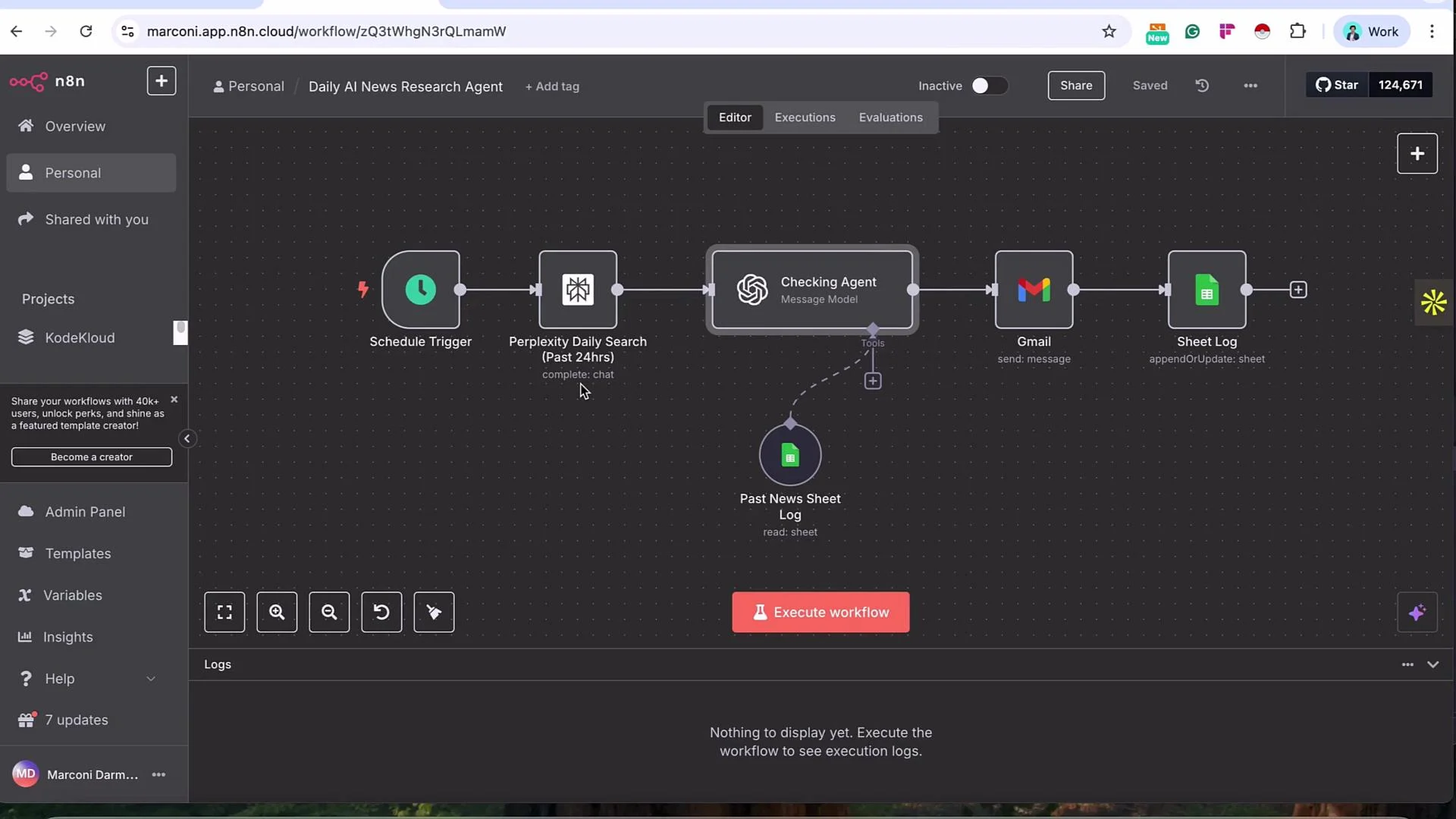 The image shows an n8n workflow interface for a "Daily AI News Research Agent," including nodes for scheduling, searching, checking, emailing, and logging tasks. The interface displays a sequence of connected tasks and options to execute the workflow.