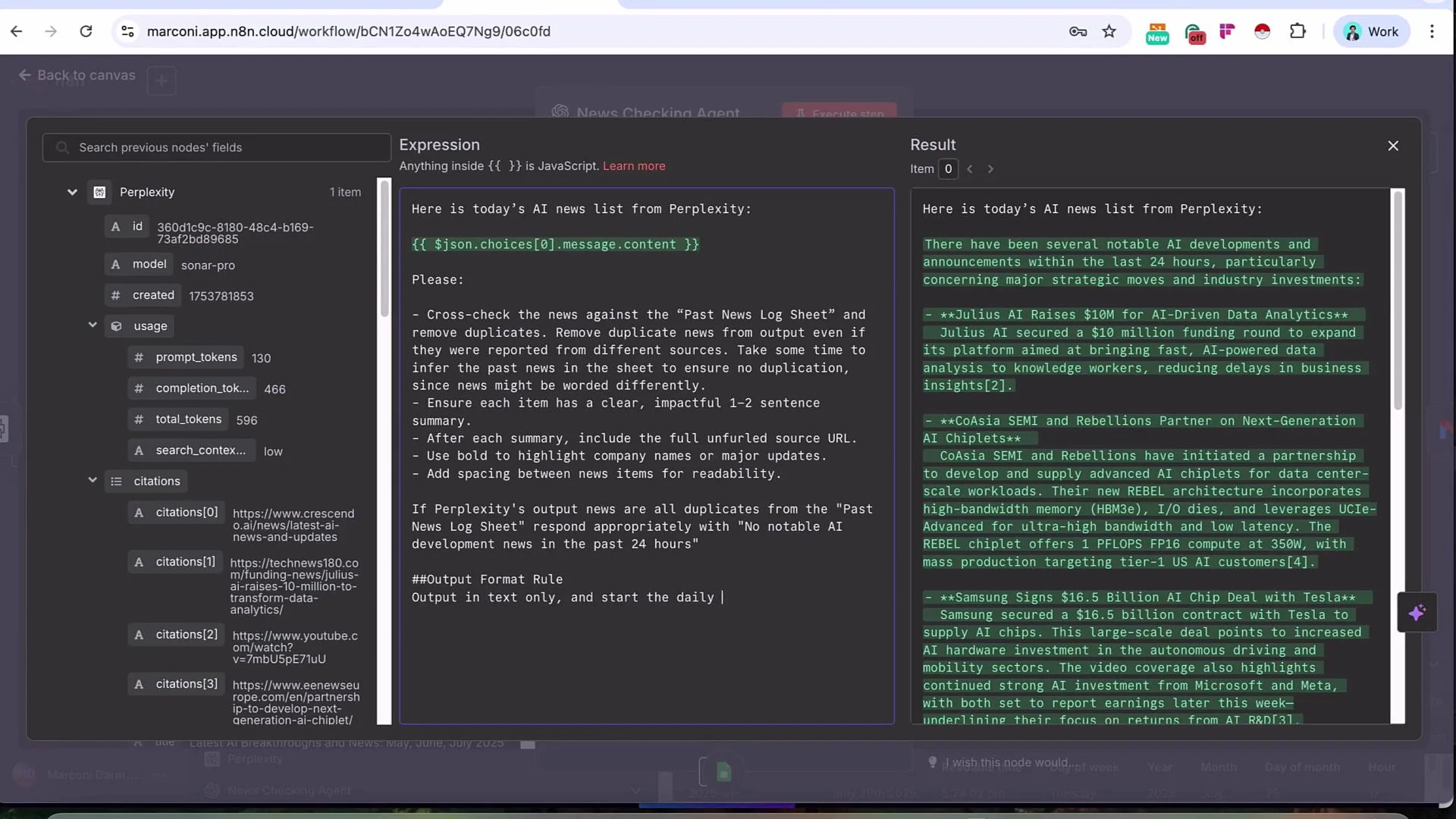 The image shows a computer screen with a news checking application. It includes AI-generated news, instructions for processing the news, and a detailed expression editor with a results panel displaying AI news updates.