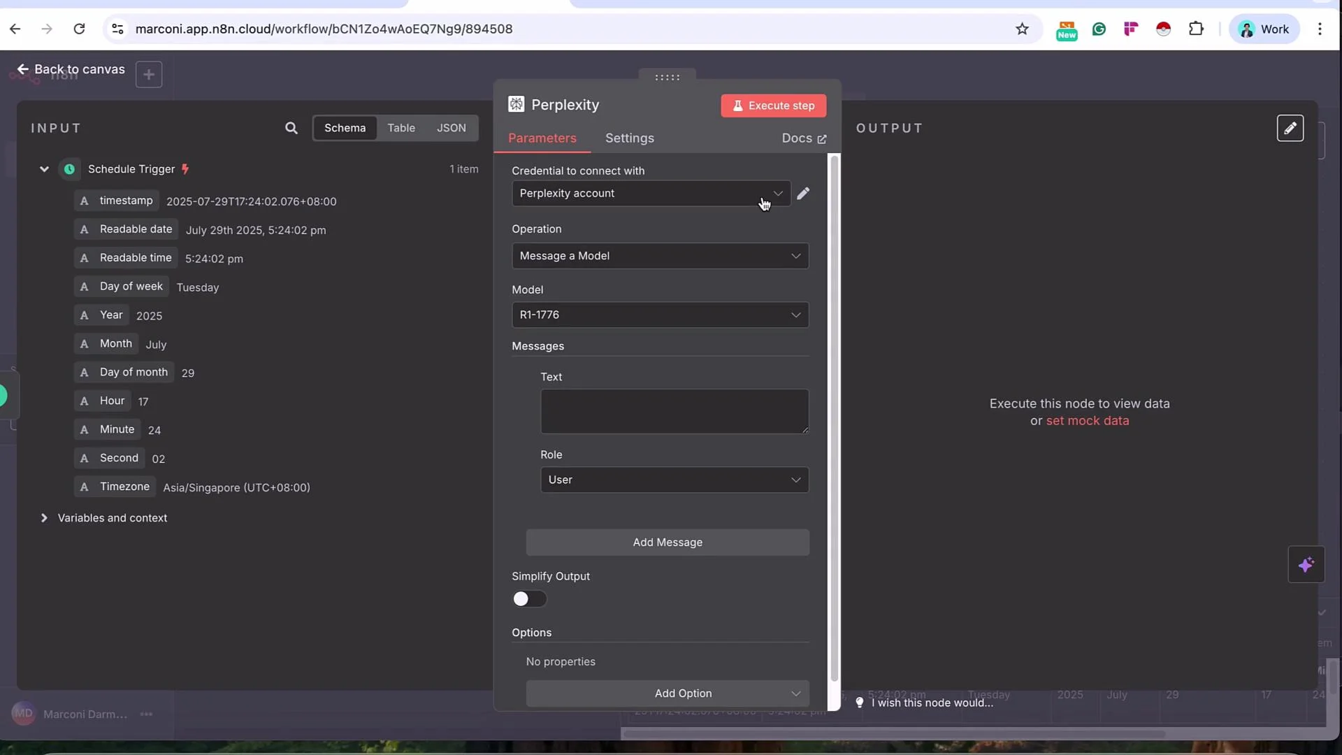 The image shows a scheduling and automation interface with input parameters for a schedule trigger and settings for a Perplexity account operation. The screen displays timestamp details and message settings for interaction with a model.