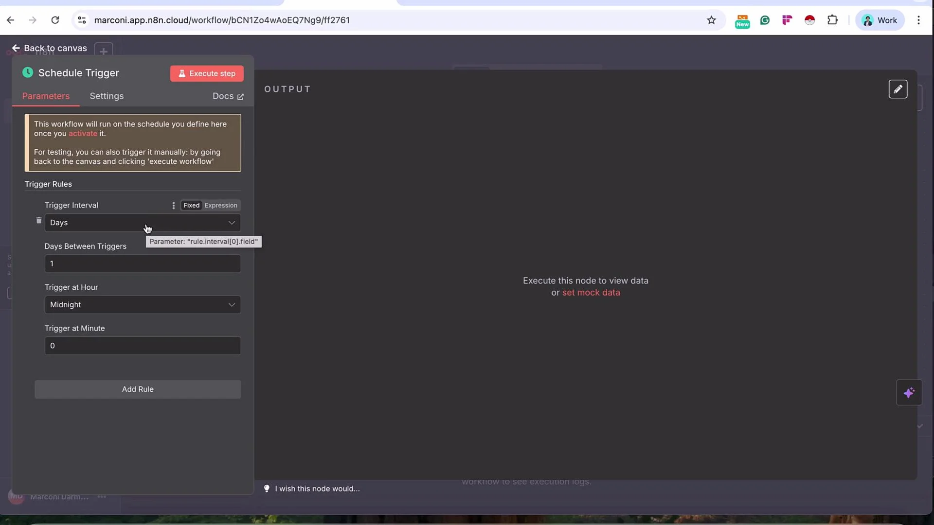 The image shows a workflow scheduling interface with options to set trigger intervals, days between triggers, and specific trigger times. The interface includes buttons for executing steps and viewing or setting data.