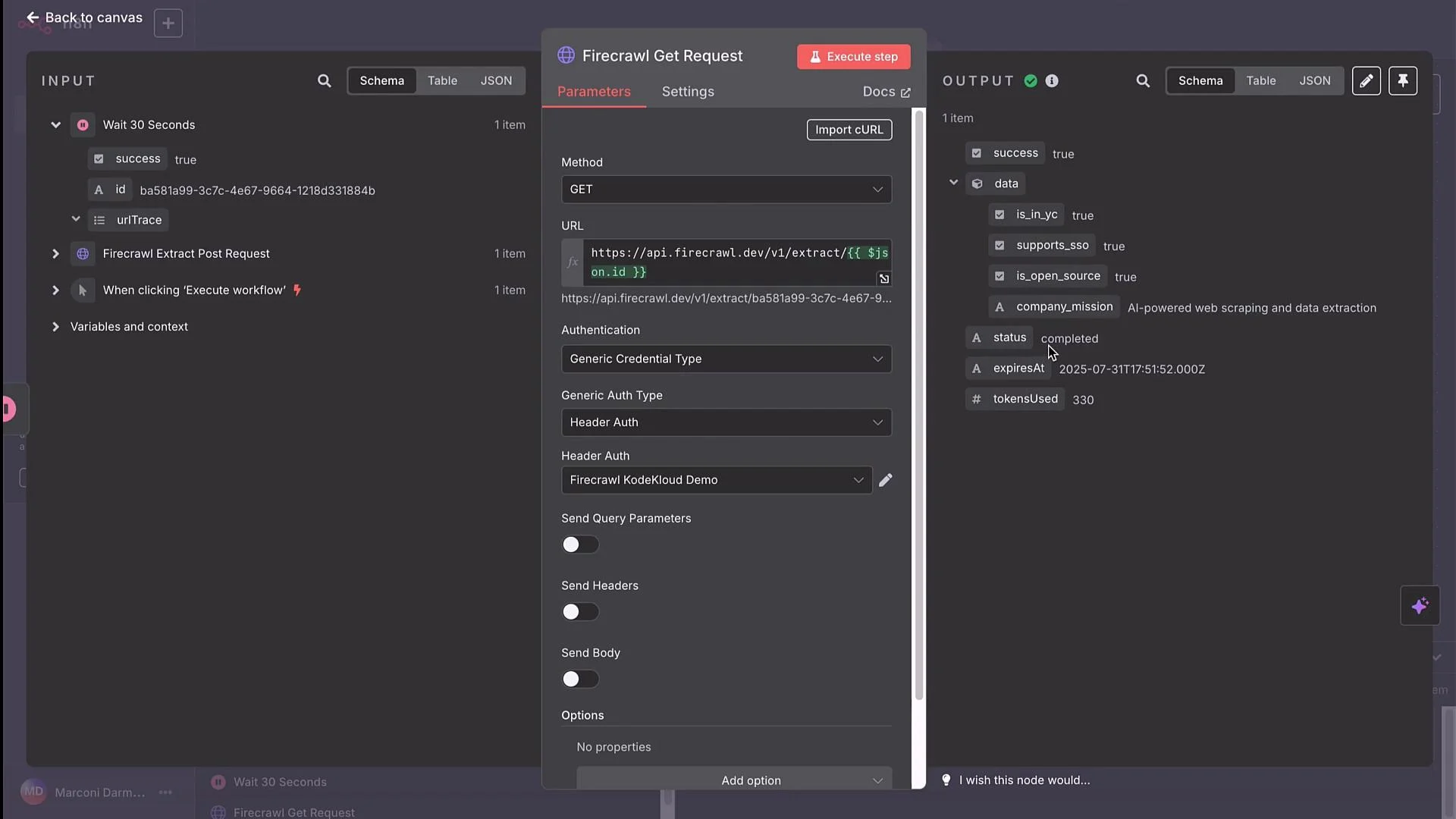 The image displays a software interface for configuring an API request, specifically using the Firecrawl API. The setup involves input parameters such as authentication type and URL, with output data showing fields like success status and company mission details.