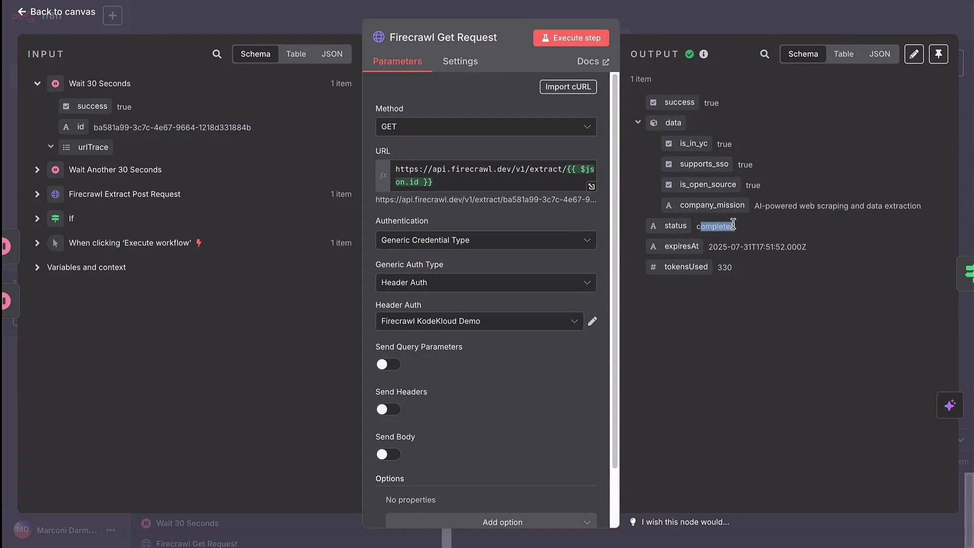 The image displays a web interface for setting up an API request with Firecrawl, including parameters like URL, authentication, and request options, along with output data indicating the success of a web scraping and data extraction task.