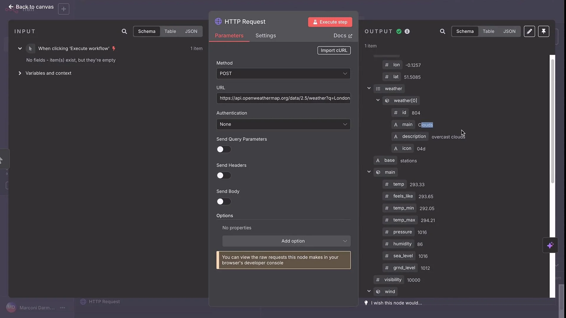 The image shows a workflow interface for making an HTTP POST request to the OpenWeatherMap API to retrieve weather data for London, displaying parameters and output information such as cloudiness and temperature.