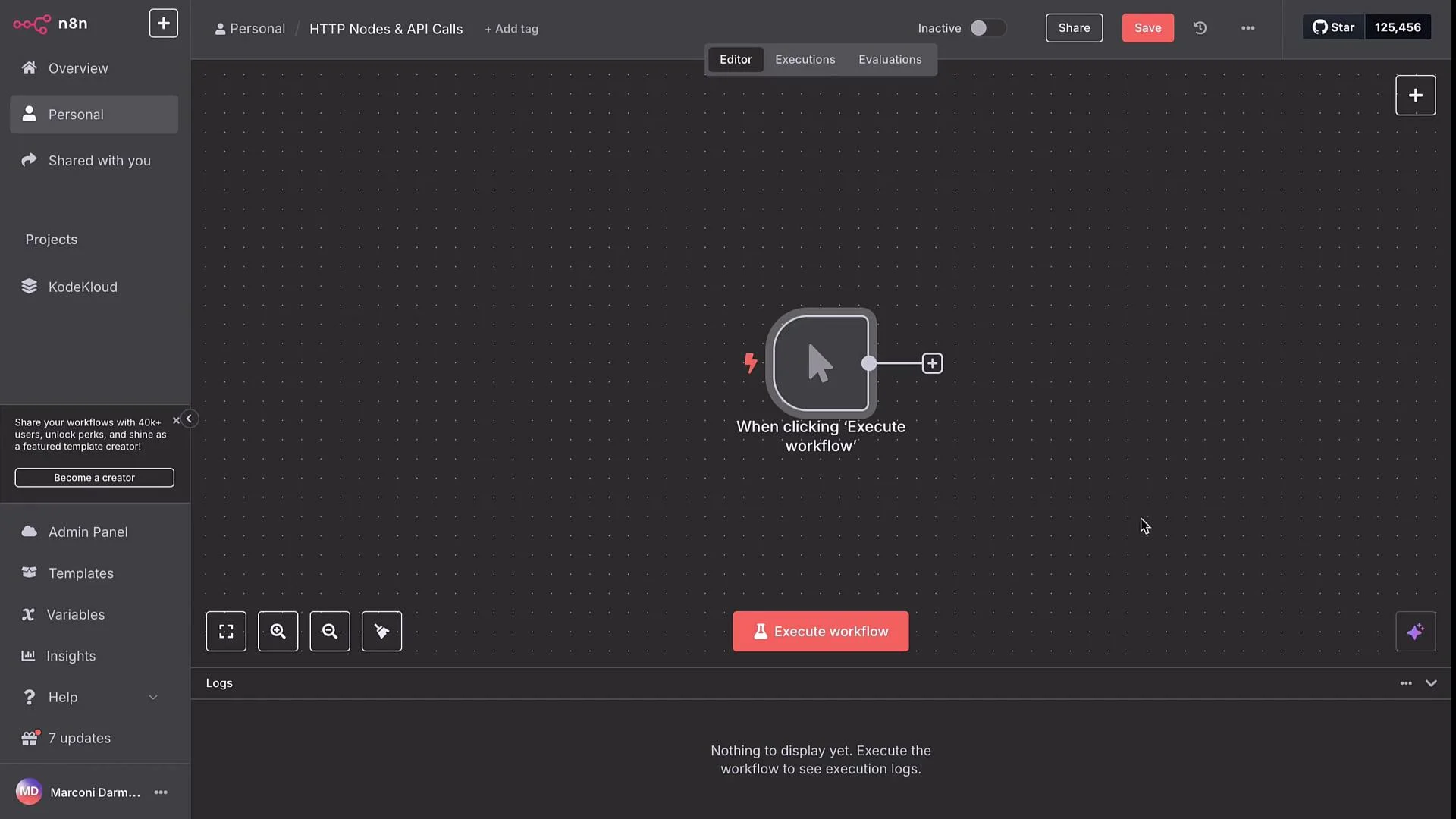 The image shows the n8n workflow automation interface, with a single node indicating "When clicking 'Execute workflow'" and various menu options on the left side.