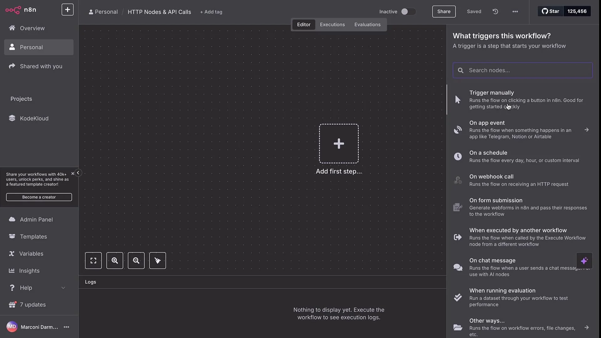 The image shows the n8n workflow editor interface with options to trigger a workflow manually, on an app event, on a schedule, and other triggers. There's a sidebar with project and user options, and space to add the first step of a workflow.