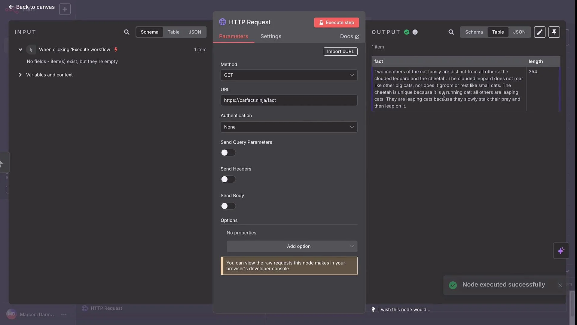 The image shows a screenshot of a workflow canvas, featuring an HTTP request setup with parameters like method and URL, and the output displaying a fact about cats.