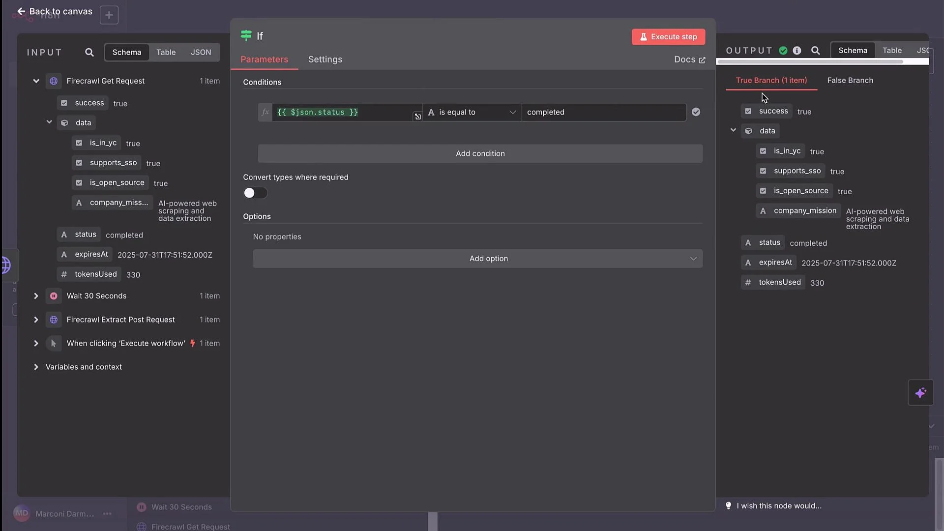 The image shows a workflow interface with JSON input and output data, involving a Firecrawl Get Request with conditions checking if the status is "completed."