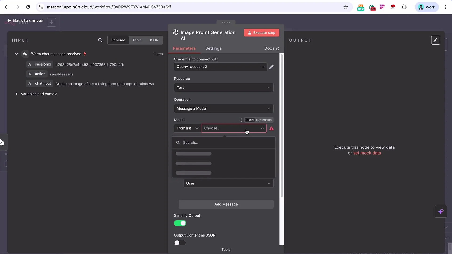The image shows a user interface for an AI image prompt generation tool, with fields for input parameters and settings related to a chat message about creating an image of a cat flying through hoops of rainbows.