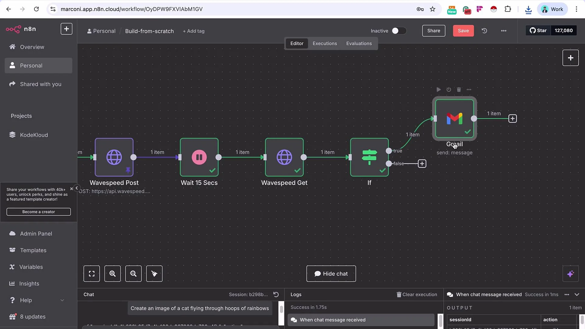 The image shows a workflow automation setup in n8n, featuring a sequence of actions: "Wavespeed Post", a 15-second wait, "Wavespeed Get", a conditional "If" action, and a "Gmail" send message action. The interface includes an overview panel on the left and execution logs at the bottom.