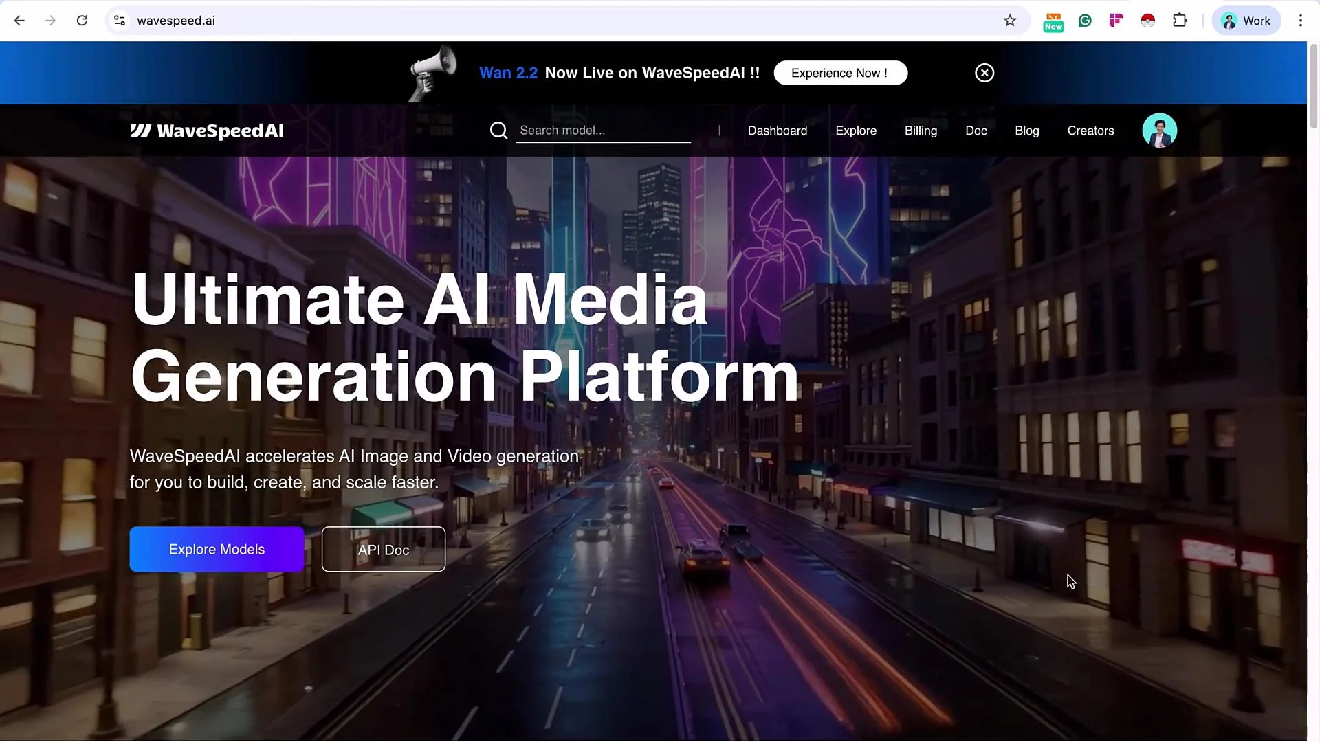 The image is a website homepage for WaveSpeedAI, highlighting it as the "Ultimate AI Media Generation Platform" with visuals of a city street featuring bright neon lights. There are call-to-action buttons labeled "Explore Models" and "API Doc."