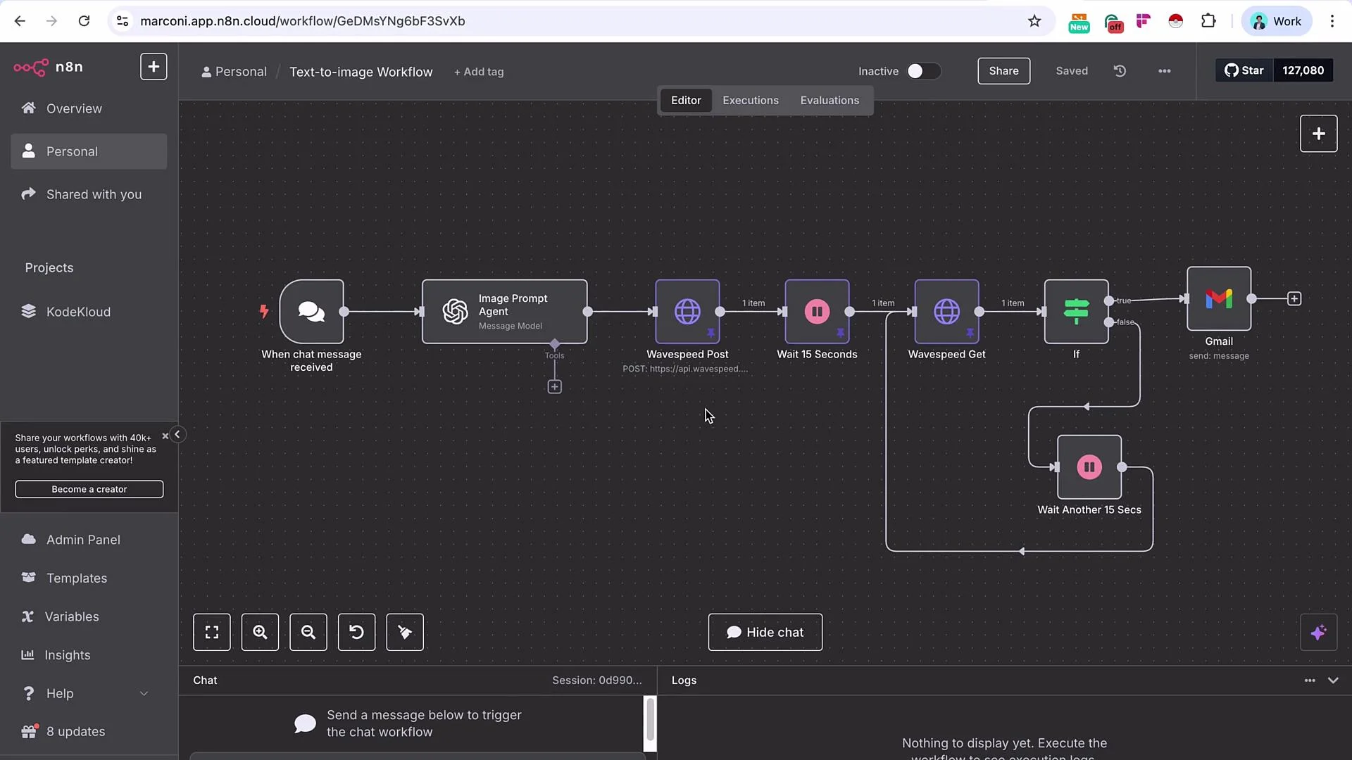 The image shows a workflow automation diagram in the n8n interface, detailing a process that involves receiving a chat message, prompting an image, posting to Wavespeed, waiting, implementing a conditional "if" check, and sending a Gmail message.