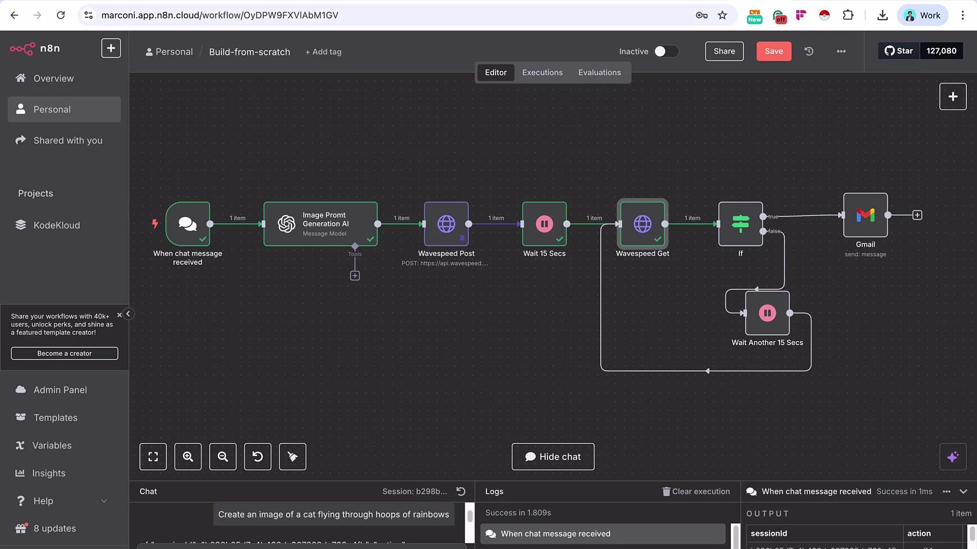 The image shows a workflow diagram in a software application, featuring nodes for chat message reception, image prompt generation, API requests, pauses, conditional logic, and sending emails via Gmail. The interface includes options for editing, saving, sharing, and managing projects.