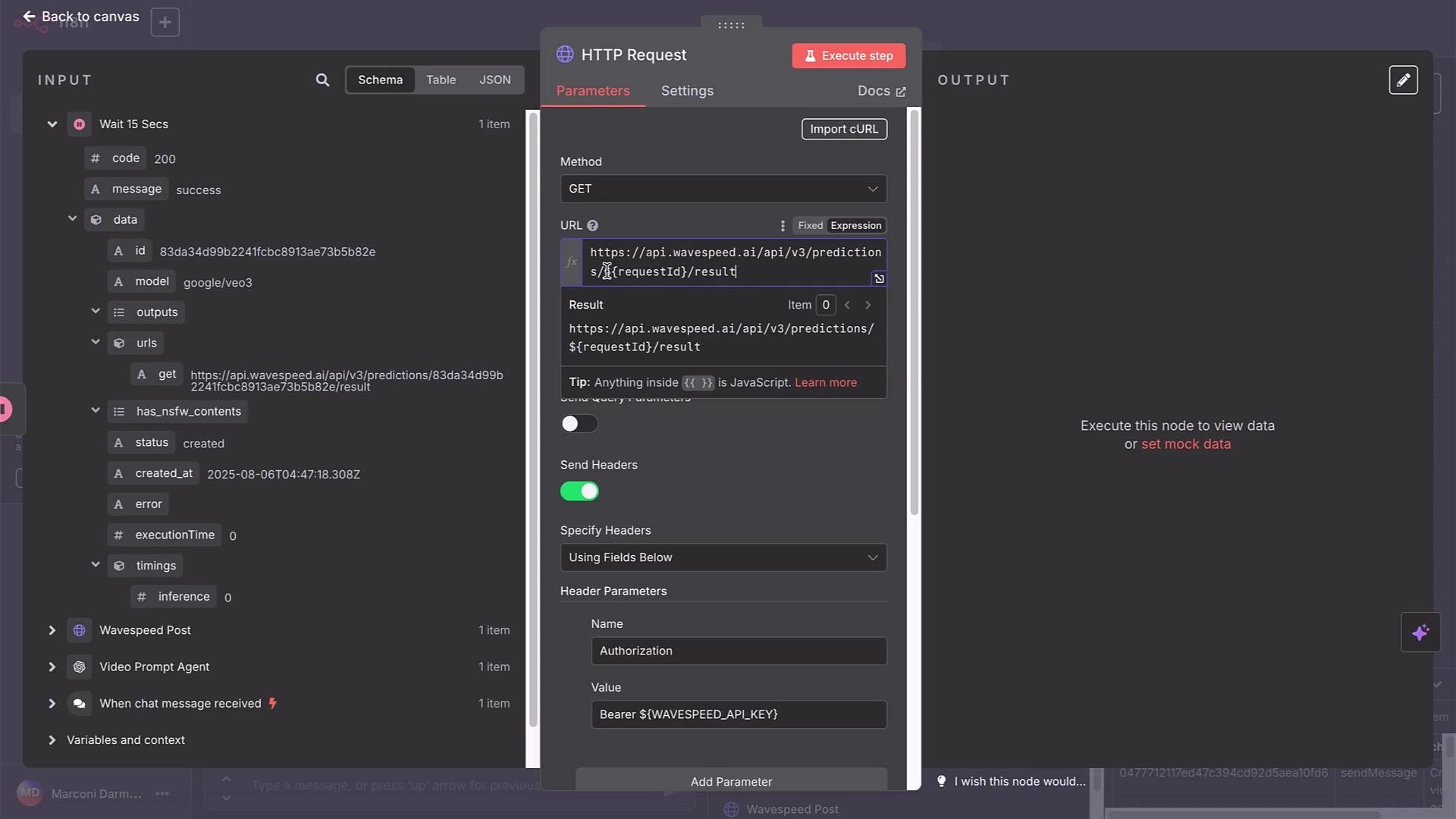 The image shows a software interface where an HTTP request is being configured, with settings for a GET method and URL parameters, and visible JSON data.