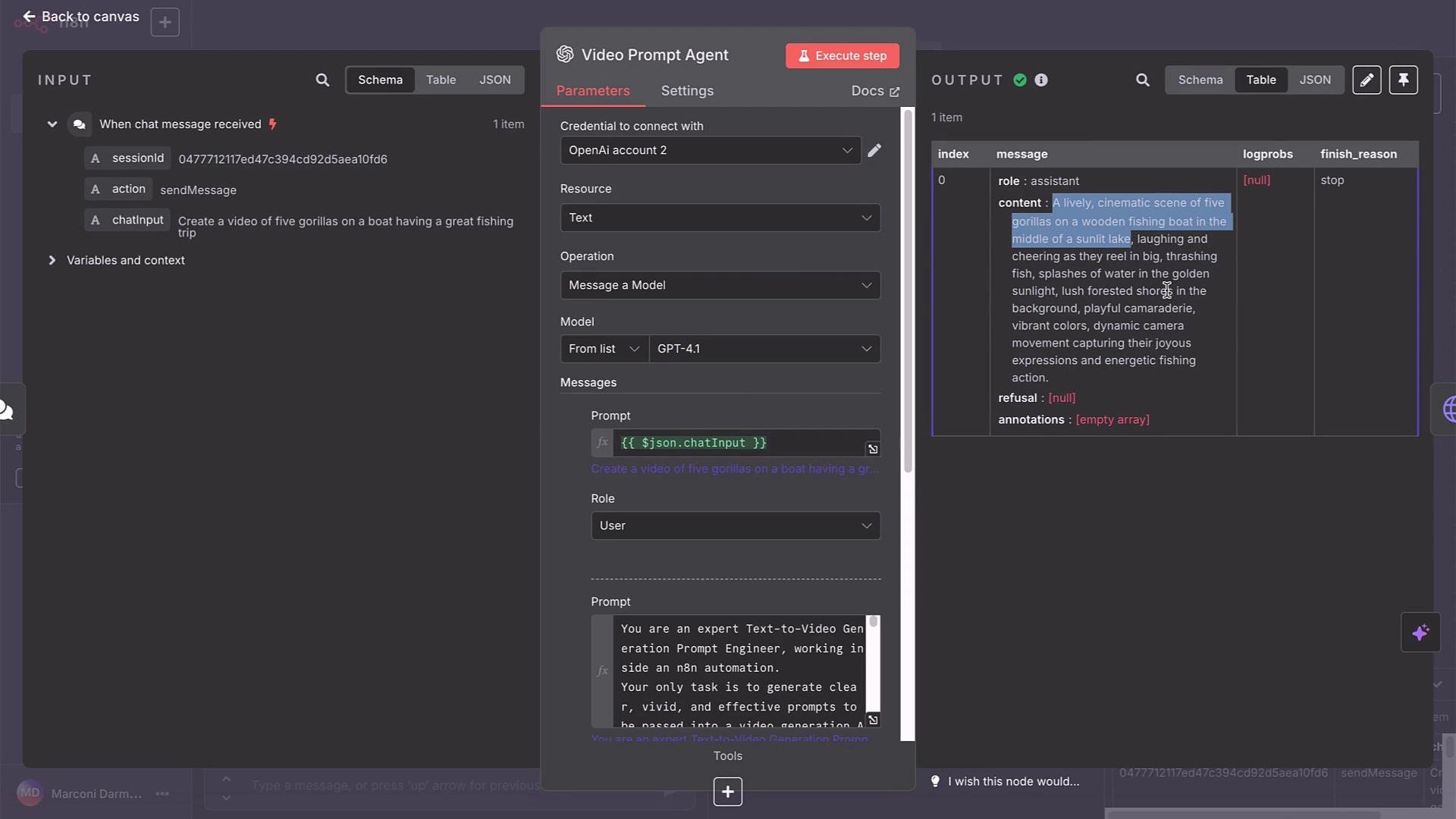 The image displays a software interface for a "Video Prompt Agent" where a prompt involves creating a video of five gorillas having a fishing trip. It shows input parameters, operations, and message content related to generating a cinematic scene.