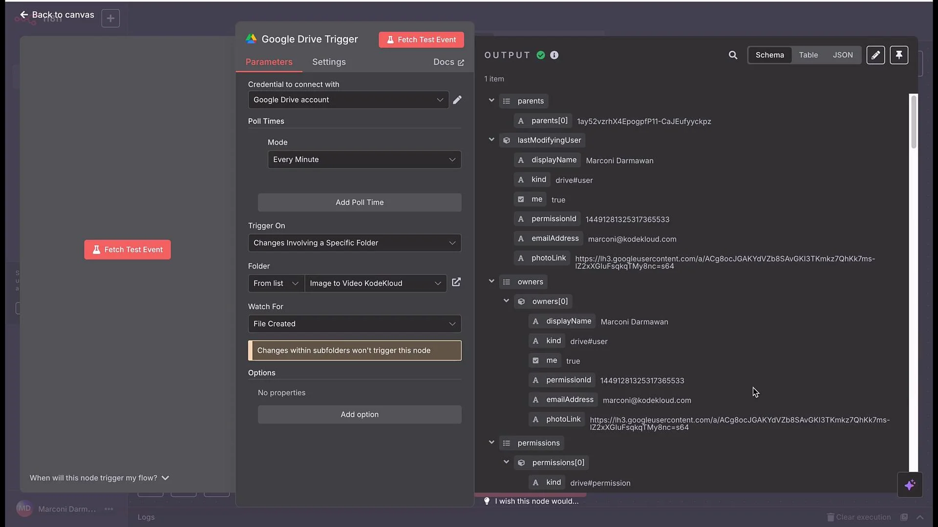 The image shows a setup screen for a Google Drive Trigger with parameters and output details. It includes configuration options for polling, triggering, and specific folder settings.