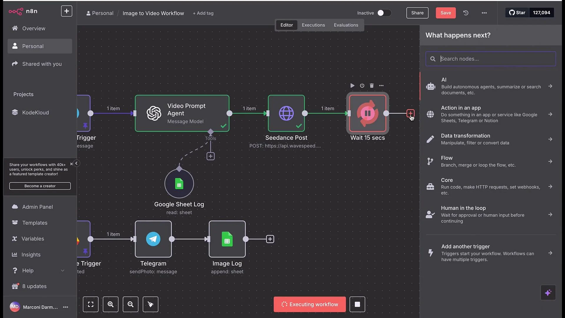 The image shows a visual workflow editor in an application called "n8n" where different nodes like "Video Prompt Agent" and "Seedance Post" are connected to automate tasks. The interface includes options for AI, app actions, data transformation, and more.