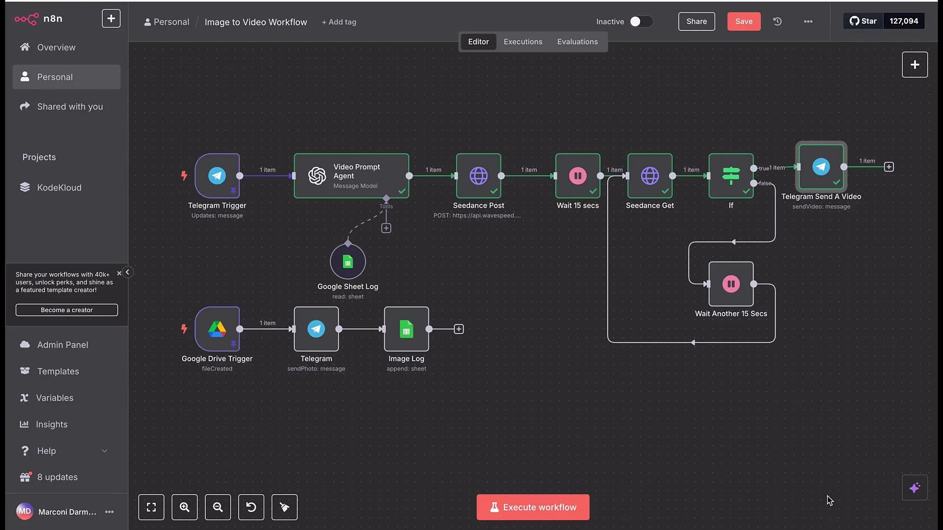 The image shows a workflow diagram in the n8n automation tool, with nodes connected to perform tasks like triggering messages, posting to an API, and sending videos via Telegram. The interface includes options for executing the workflow, managing projects, and accessing various settings.