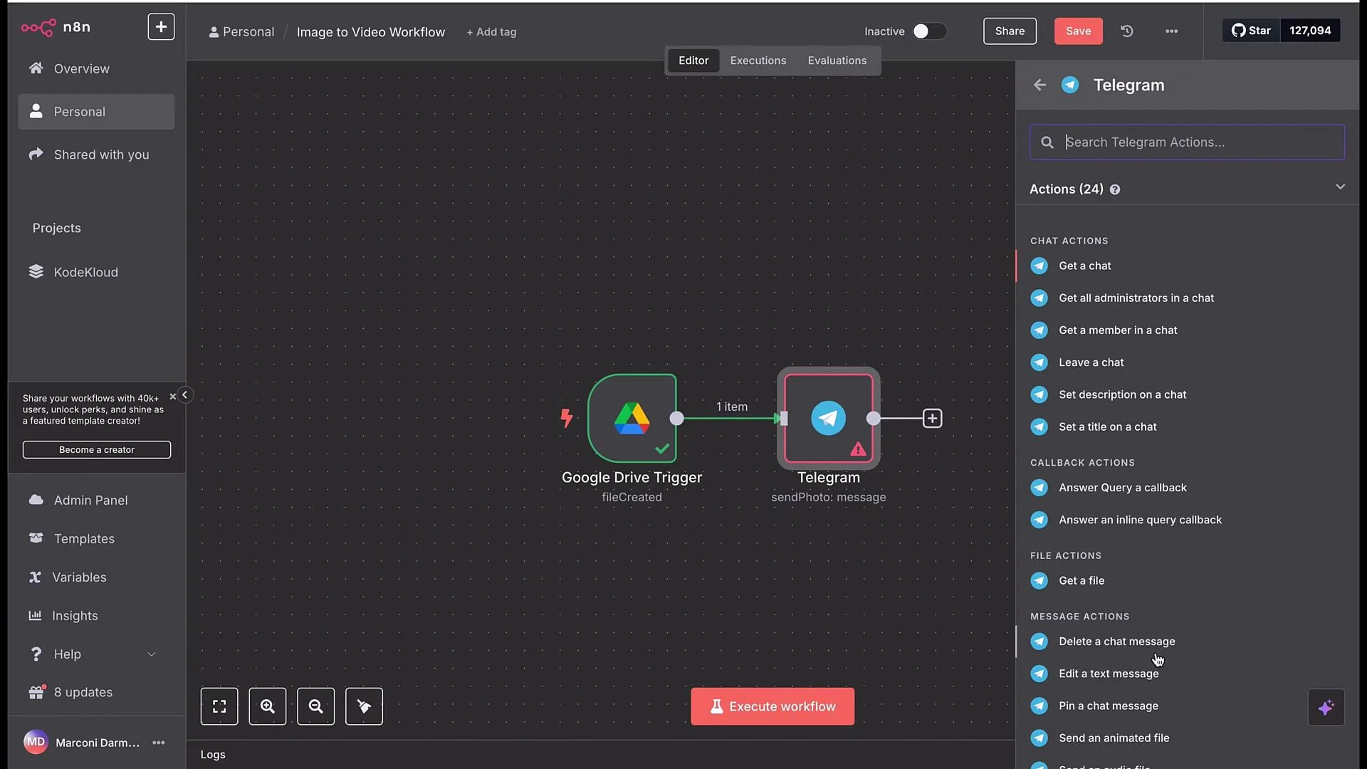 The image shows a workflow editor in the n8n platform, featuring a sequence from a Google Drive trigger to a Telegram message action. The sidebar displays various Telegram actions available for configuration.
