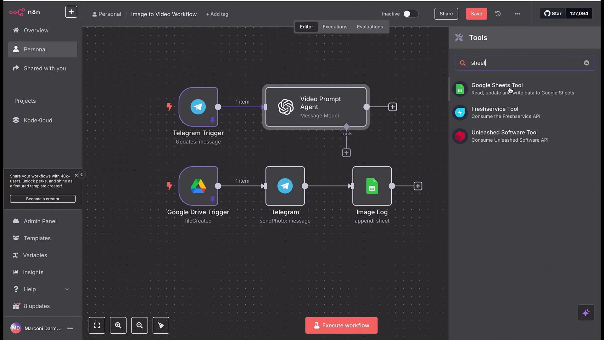 The image shows a workflow in n8n, which includes triggers and integrations for Telegram, Google Drive, and a video prompt agent with options to add tools such as Google Sheets.